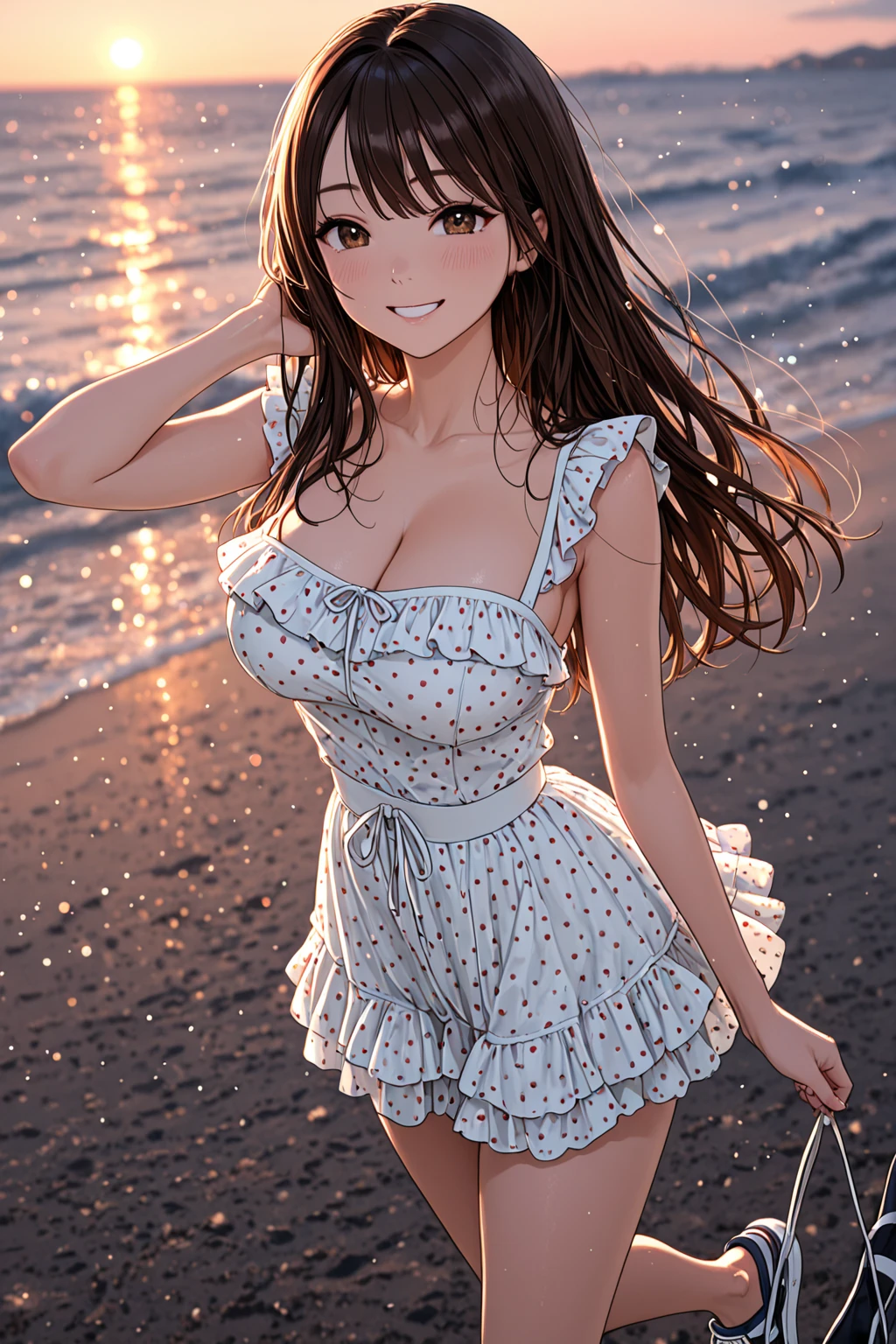 very cute and beautiful girl standing near the window,(Floral yellow summer dress with detailed ruffles),No sleeve,(skirt lift,white ), (very detailed美しい顔と目:1.2),Antique hotel bedroom with outside view,distant tree々and the sea, cowboy shot,(smile),blush,(medium hair),black hair,dynamic angle,(highest quality,masterpiece:1.2),(intricate details), very detailed,High resolution,1 girl,alone,Natural light,particles of light,beautiful and detailed sky,