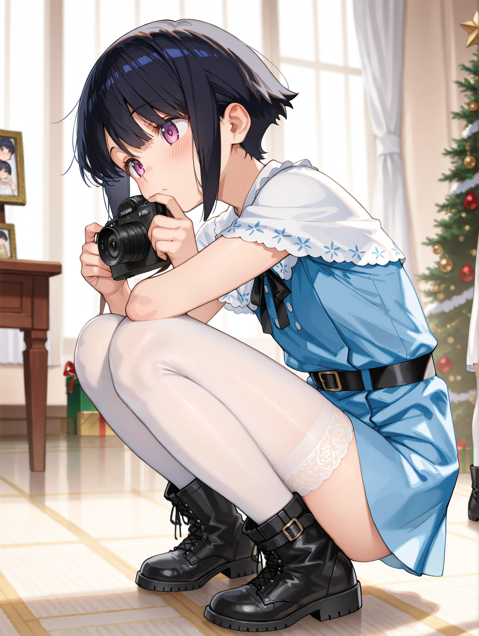 Young Hinata Hyuga, dress, faces the camera, wearing white stockings under her short skirt and black boots. She dances. She seems to appreciate the exceptional quality of the photo: a masterpiece, a high level of detail, a perfect interplay of light and shadow, a Christmas atmosphere, and a blurred background.