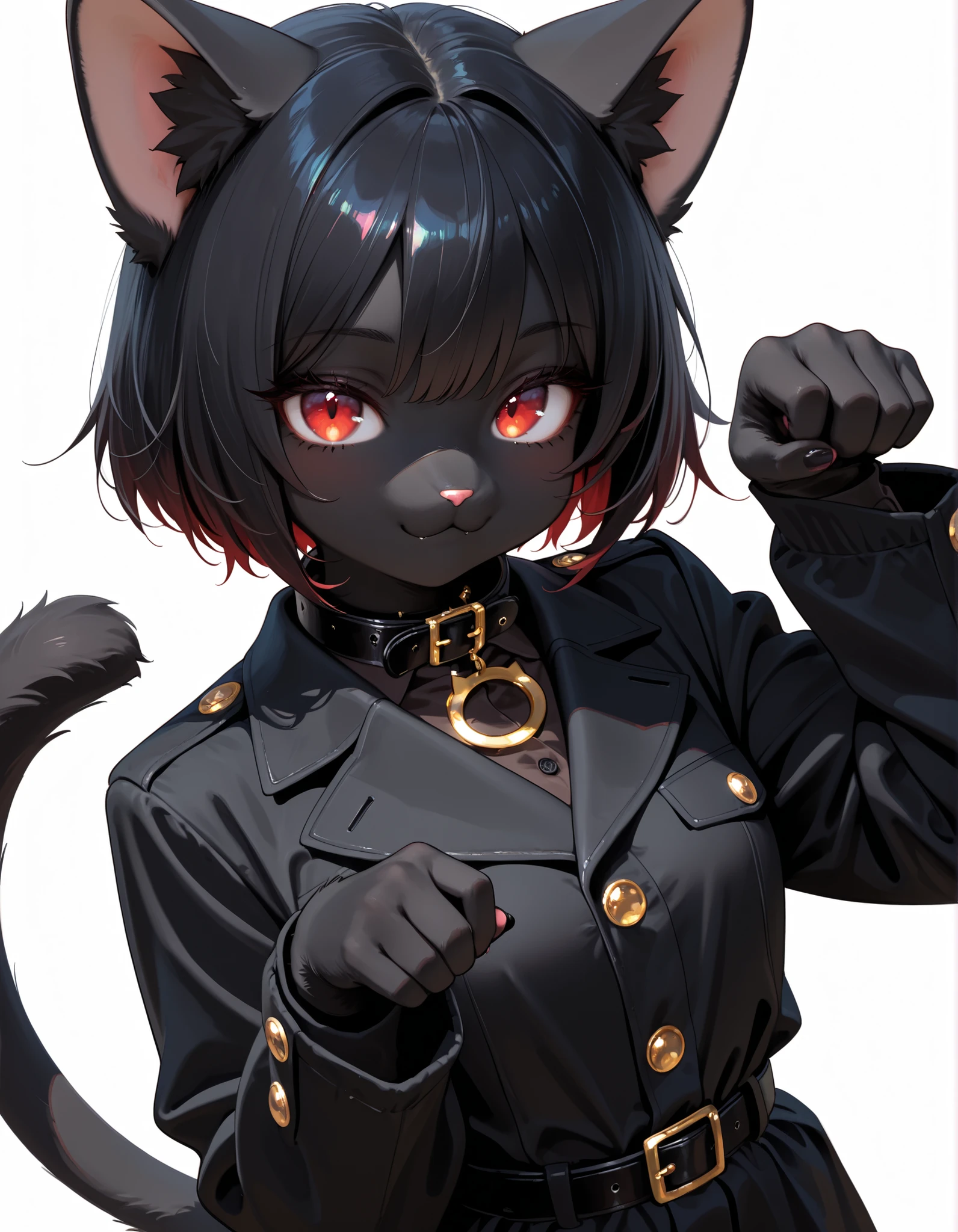 ,, masterpiece, best quality, very aesthetic, 1girl, solo, white background, looking at viewer, portrait, paw pose, :3, furry female, cat girl, animal ears, black hair, short hair, black skin, red eyes, cat tail, black jacket, buttons, long sleeves, black belt, collar, masterpiece, best quality,