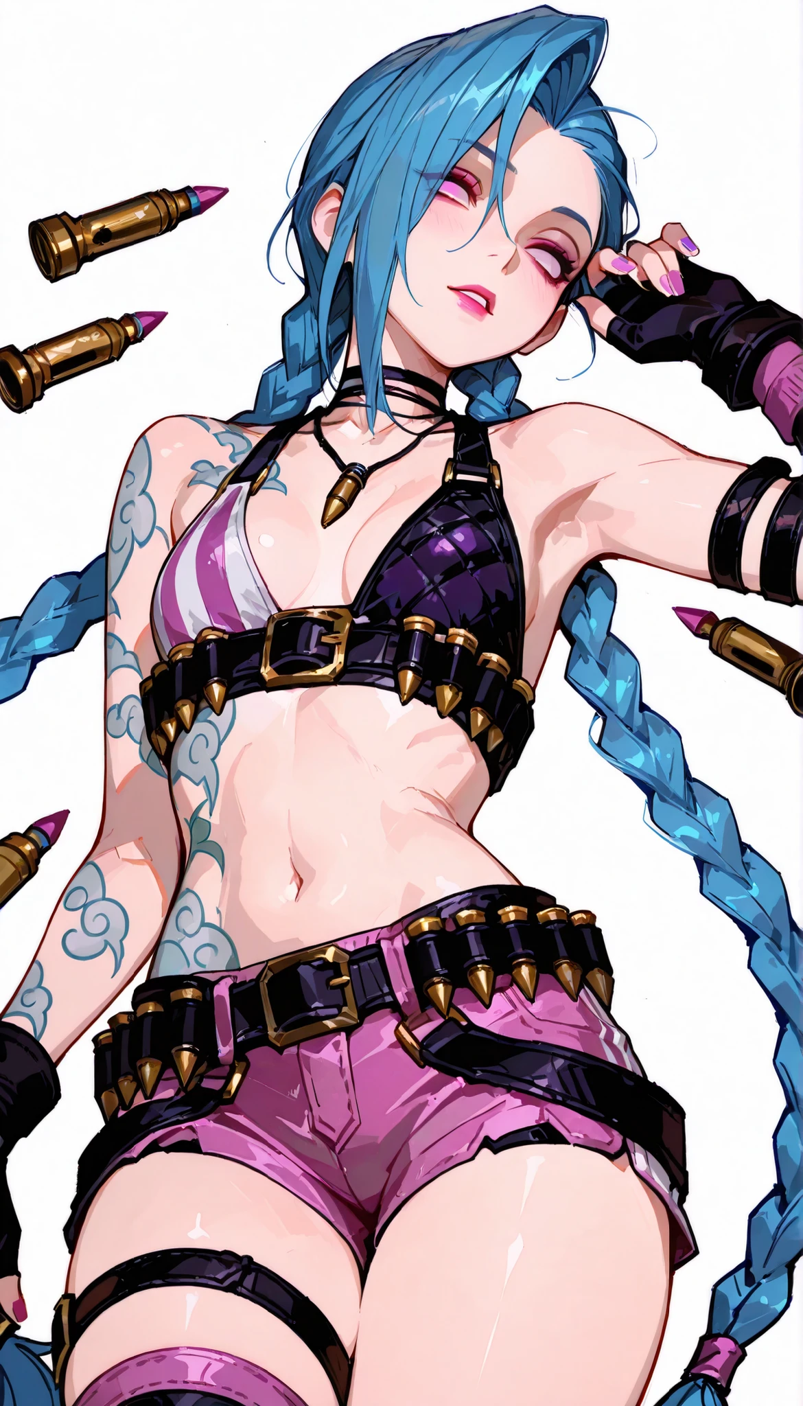 { score_9, score_8_up, score_7_up, } { { } } { masterpiece, high quality, best quality, highres}
BREAK
[ (League of Legends)_Artstyle_LoRA  : hentai_Artstyle_Lora  : NSFW ,  ]
BREAK
[ , solo, 1girl, jinx (league of legends), twin braids, blue hair, pink eyes, asymmetrical bangs, tattoo, makeup, arm tattoo, shoulder tattoo, lips, cloud tattoo, braid, jewelry, very long hair, lipstick, nail polish
jewelry, necklace, bullet, ammunition belt, crop top, fingerless gloves, thigh strap, single thighhigh, pink highlights, purple top, pink shorts, black gloves, choker, asymmetrical clothes, bikini top, cleavage ] [ adult, mature,  perfectly slender body, , perfectly small breasts ] [ , lying down, blank eyes, lifeless, emotionless , parted lips ]
BREAK
[  ]
BREAK
[ White background , blank background, alone ]