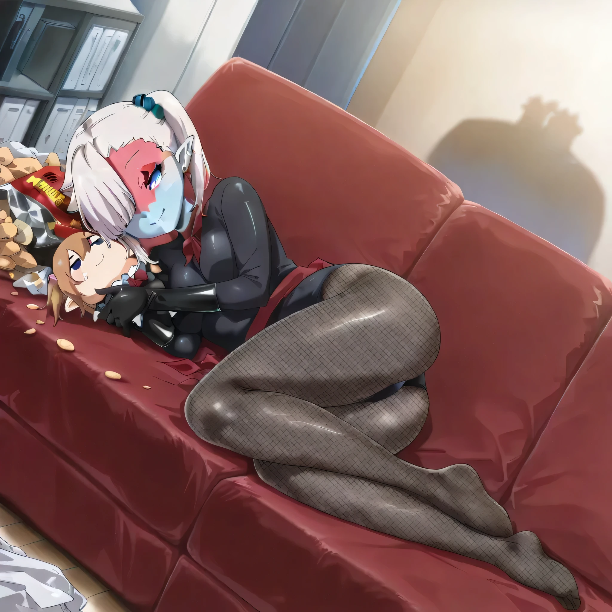 (((Masterpiece))), (((Best Quality))), ((Super Detail)), ultra-High resolution, score_9,score_8_up,score_7_up,score_6_up,score_5_up,score_4_up, BREAK, source_anime, anime screencap, uncensored, Masterpiece, (best shadow), (absurdres), (detailed background), (very aesthetic), detailed beautiful eyes, outstanding, detailed soft lighting, an exquisite animation illustration, curvy, highres, shiny clothing, dark persona, empty eyes, blank eyes, shocker, black leotard, latex elbow gloves, brown fishnet pantyhose, red sash, neck, makeup, (((blue skin))), colored skin, (((solo, 1girl))), hair ornament, pose, submissive pose, anime style, anime coloring, animification, megami magazine, pose, dynamic angle, cinematic angle, dutch angle, dynamic composition, small , Ishikawa Luna, grey hair, pointy ears, blue eyes, medium hair, hair over one eye, single sidelock, side ponytail, scrunchie, earrings, side ponytail, hair flaps, ear piercing, on sofa, potato chip, messy room, lying down on side, on side, lying down on sofa, lying down, sofa, house, indoor, holding bird doll, bird doll, full body, smile, smile, gentle smile, light smile, tilt head, head tilt, hugging bird doll,