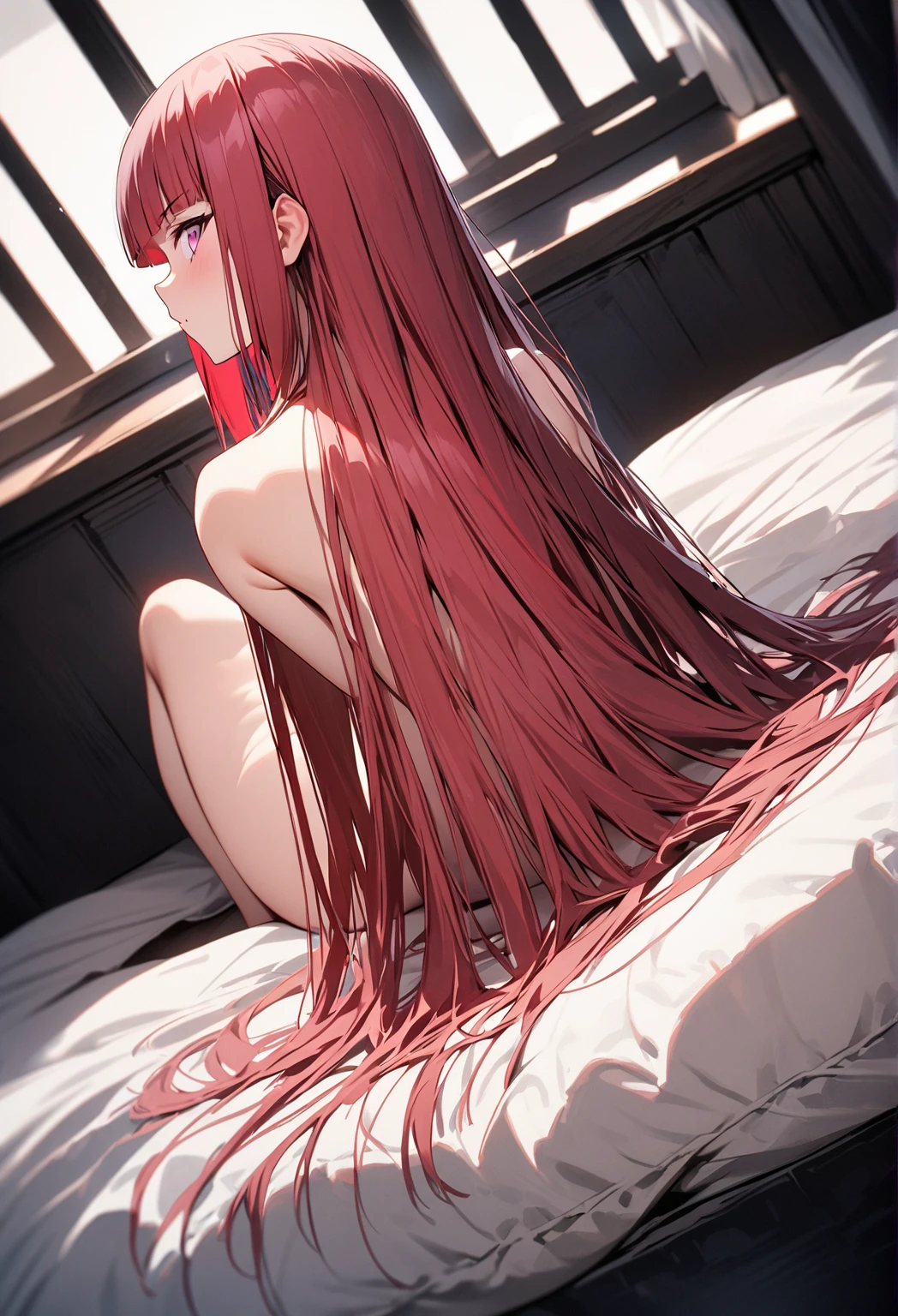 ((masterpiece、Highest quality:1.3,absurderes)),nsfw,25 year old beauty,独奏,((very small head)),red hair,long hair,bangs,red eyes,gorgeous eyes,shy,medium breasts,((very long body)),((toned body,slender body,)),skinny,gleaming skin,shiny skin,naked,nipples,navel,vagina,barefoot,sitting,A dimly lit, simple bedroom、Simple bed、Tokyo、