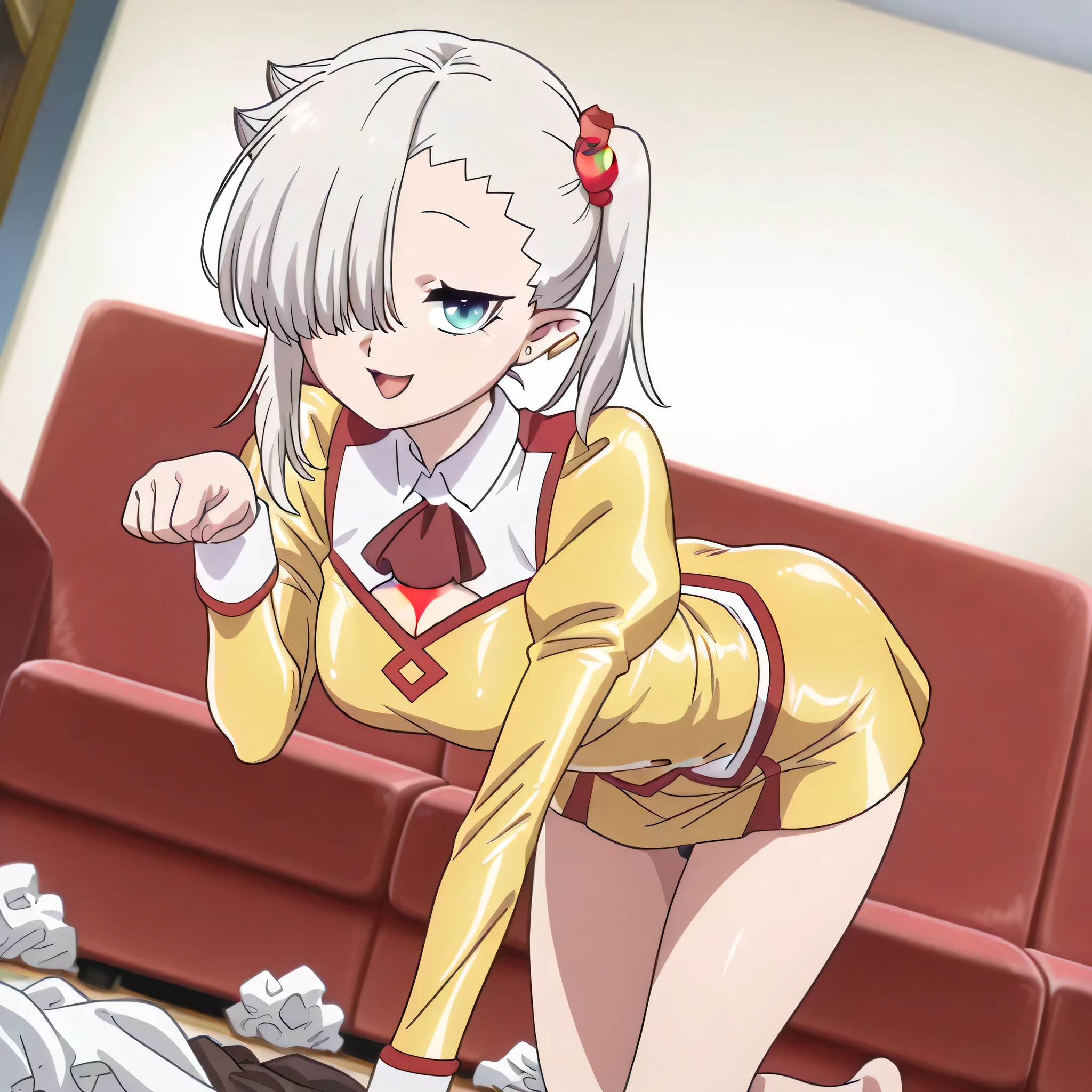 (((Masterpiece))), (((Best Quality))), ((Super Detail)), ultra-High resolution, score_9,score_8_up,score_7_up,score_6_up,score_5_up,score_4_up, BREAK, source_anime, anime screencap, uncensored, Masterpiece, (absurdres), (detailed background), (very aesthetic), detailed beautiful eyes, outstanding, countershading, detailed soft lighting, an exquisite animation illustration, curvy, highres, shiny clothing, delmo uniform, yellow latex dress, red trim, red ascot, cleavage cutout, panty shot, panties, rieout, long sleeves, yellow dress, miniskirt, cleavage cutout, juliet sleeves, miniskirt, bare legs, (((solo, 1girl))), hair ornament, seductive pose, submissive pose, anime style, anime coloring, animification, megami magazine, sexy pose, dynamic angle, cinematic angle, dutch angle, dynamic composition, small breast, Ishikawa Luna, grey hair, pointy ears, blue eyes, medium hair, hair over one eye, single sidelock, side ponytail, scrunchie, earrings, side ponytail, hair flaps, ear piercing, living room, all fours, crawling, crawls, paw pose, tilt head, head tilt, open mouth, cute smile, cute pose, cute, sofa, messy room, indoor, house
