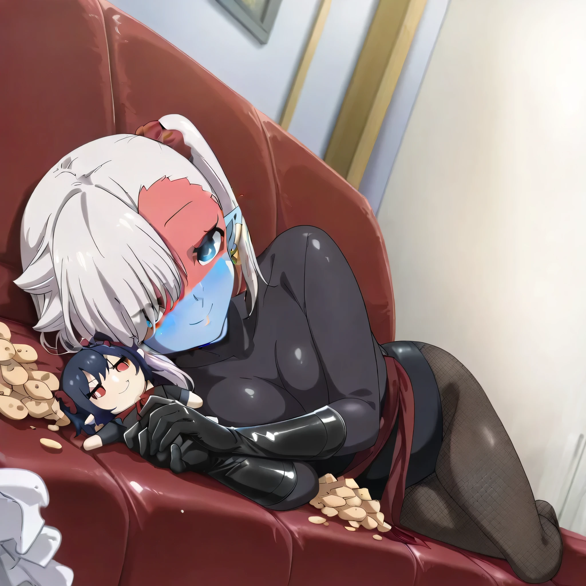 (((Masterpiece))), (((Best Quality))), ((Super Detail)), ultra-High resolution, score_9,score_8_up,score_7_up,score_6_up,score_5_up,score_4_up, BREAK, source_anime, anime screencap, uncensored, Masterpiece, (best shadow), (absurdres), (detailed background), (very aesthetic), detailed beautiful eyes, outstanding, detailed soft lighting, an exquisite animation illustration, curvy, highres, shiny clothing, dark persona, empty eyes, blank eyes, shocker, black leotard, latex elbow gloves, brown fishnet pantyhose, red sash, neck, makeup, (((blue skin))), colored skin, (((solo, 1girl))), hair ornament, pose, submissive pose, anime style, anime coloring, animification, megami magazine, pose, dynamic angle, cinematic angle, dutch angle, dynamic composition, small , Ishikawa Luna, grey hair, pointy ears, blue eyes, medium hair, hair over one eye, single sidelock, side ponytail, scrunchie, earrings, side ponytail, hair flaps, ear piercing, on sofa, potato chip, messy room, lying down on side, on side, lying down on sofa, lying down, sofa, house, indoor, holding bird doll, bird doll, full body, smile, smile, gentle smile, light smile, tilt head, head tilt, hugging bird doll,