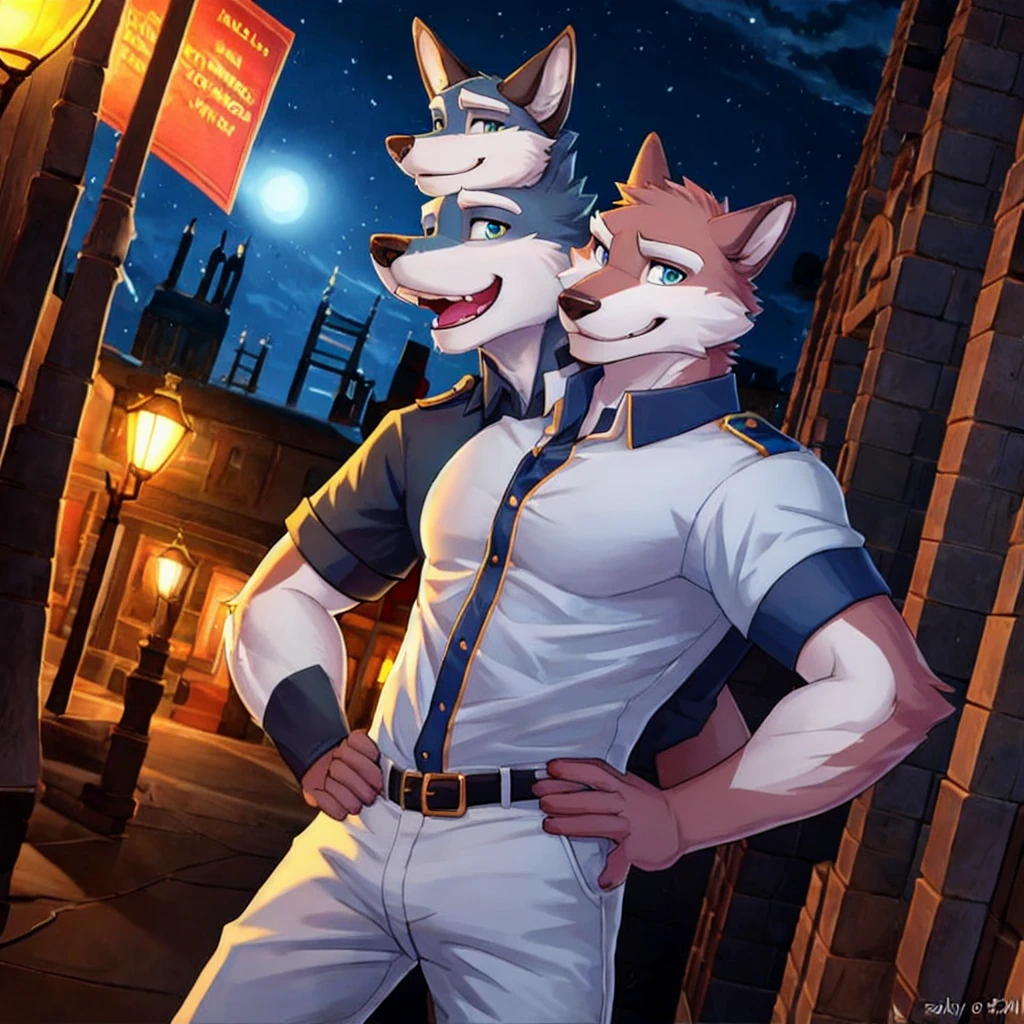 Masterpiece, Duo With Horse , Furry  , Furry Light Blue Wolf, Light Blue Fur,Dark Blue Eyes,  Bulking Body, Dad bod body, Charming, Handsome,  , wearing cap, Holding  Pose, Big , Cuming Everywhere
