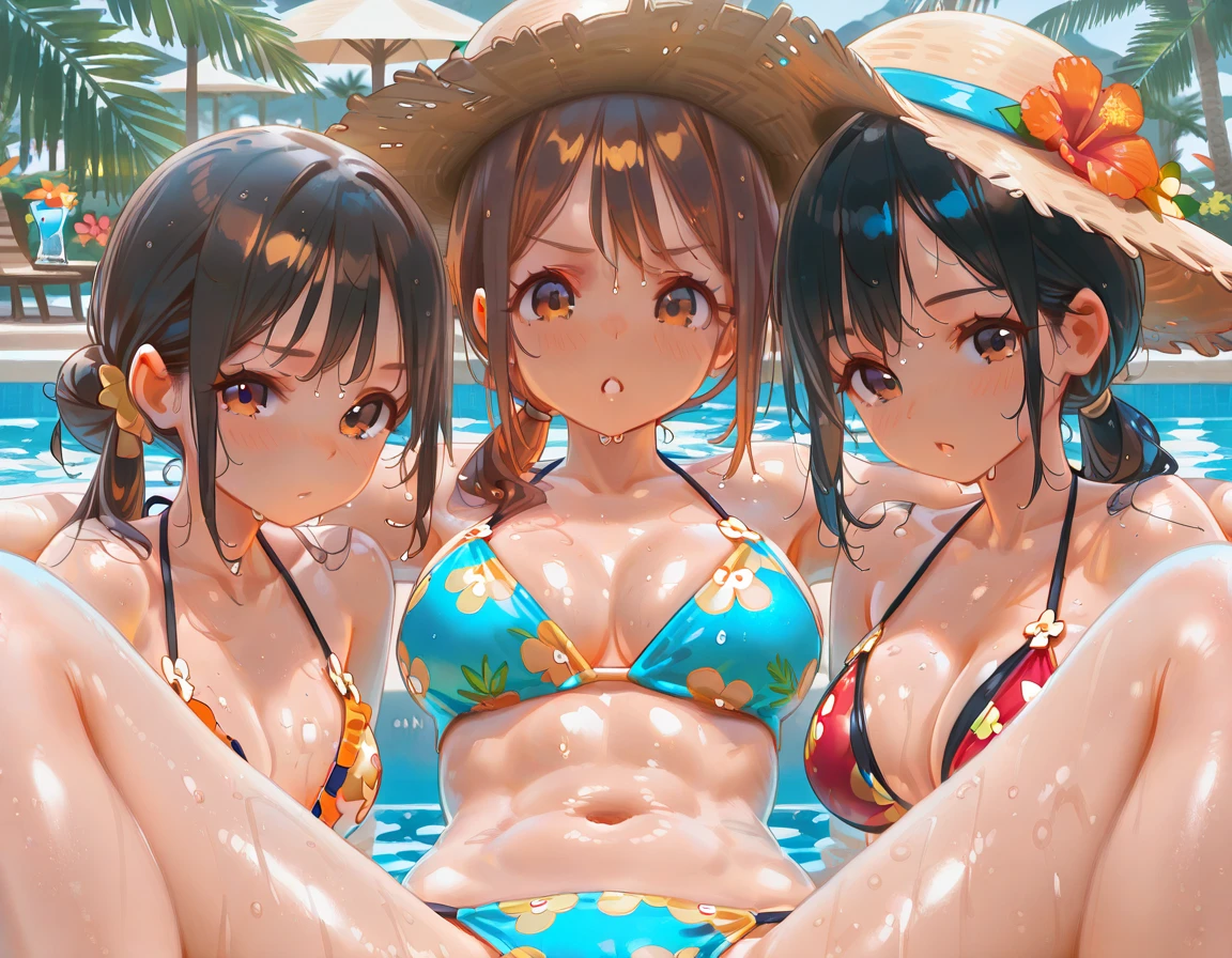 ((masterpiece, highest quality, High resolution, 超High resolution, pixel perfect, Depth of written boundary, 4k, RTX, human development report))), , beauty、see the whole body、(masterpiece: 1.2, highest quality, masterpiece, Clearer images), (Bright colors), ((Take clear photos even from a distance)), (multiple girls), (Harem), (School classmates), (((All school uniforms have the same design))), (((Everyone is wearing the same navy blue skirt))), ((16 years old)), ((婦)), (宿, on the bed), (cute Japanese((6 girls))), (((infant'face))), ((group shot)), (group selfie), ((ass visible through thighs))、wide angle, soft light, ((((laugh with your mouth wide open)))), (slightly larger breasts), (()), (lure), ((viewers love it)), (((A lot of hearts are flying))), Landscape、(((show :1.6)))、((breast grab:1.3)),((( lift:1.2)))、 ((green eyes, beautiful eyelashes, realistic eyes)), ((detailed face, blush:1.2)), ((smooth texture:0.75, lively质感:0.65, lively:1.1, Anime CG style)), medium breasts, perfect body, beautiful waist、beautiful legs、thin、smile, attractive way to sit, Aerith Gainsbourg, hair ribbon, bracelet,    brown hair, side lock, parted bangs, green eyes, Braid, (((swimsuit、bikini、2012年に流行したswimsuitのデザイン)))、((((M :1.1)))、((breast grab:1.3)),((( lift:1.2)))、one eye closed、stick out one's crotch