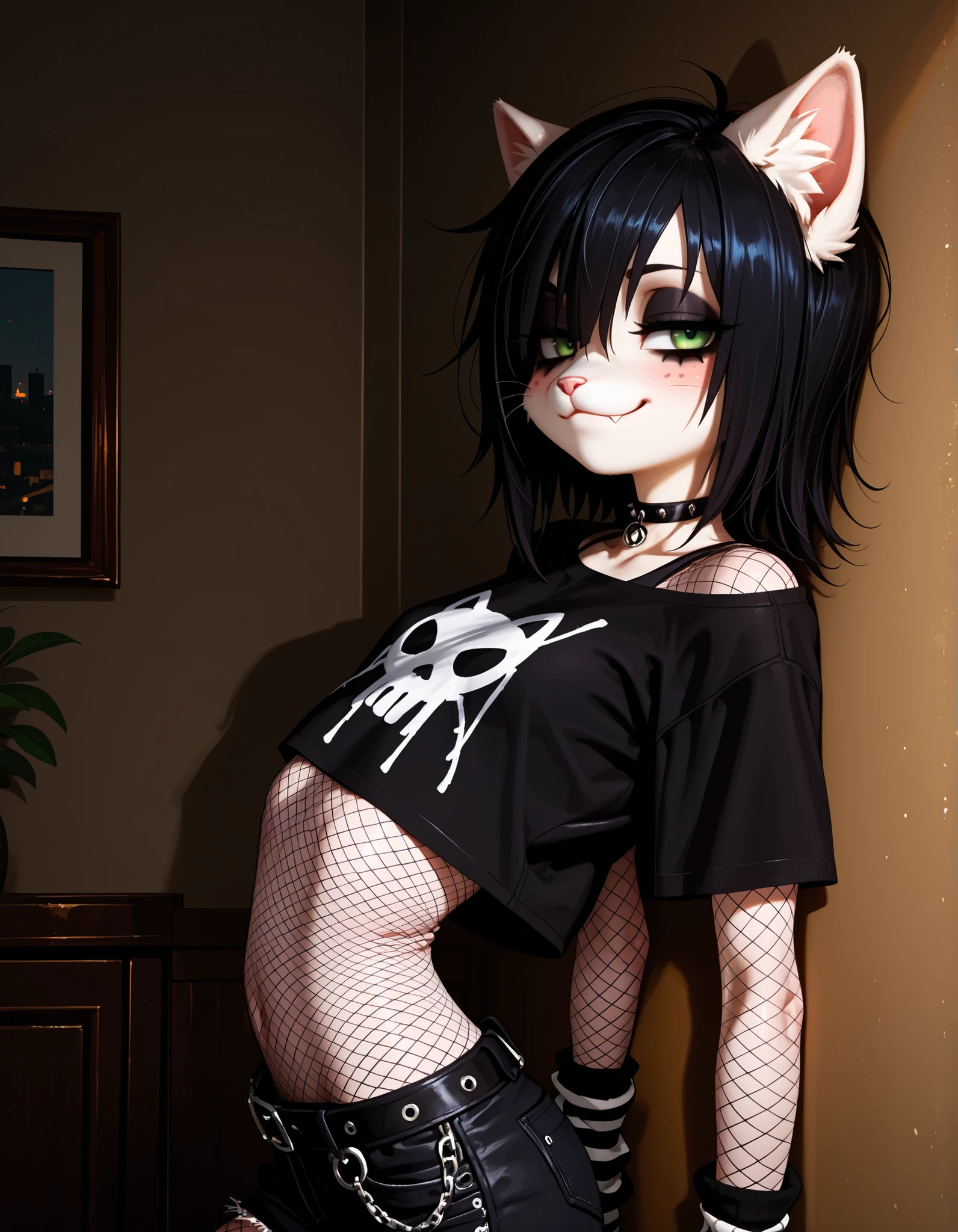 ,, volumetric_lighting, chiaroscuro_lighting, vibrant, shaders, against_the_wall, arched_back, 1girl, interior, solo, detailed, furry, cat, skinny, smug, ((cute_clothes, emo, fishnets)), white_fur, cute, claws, stare, soft_light, stylized, SuchHorriGir,