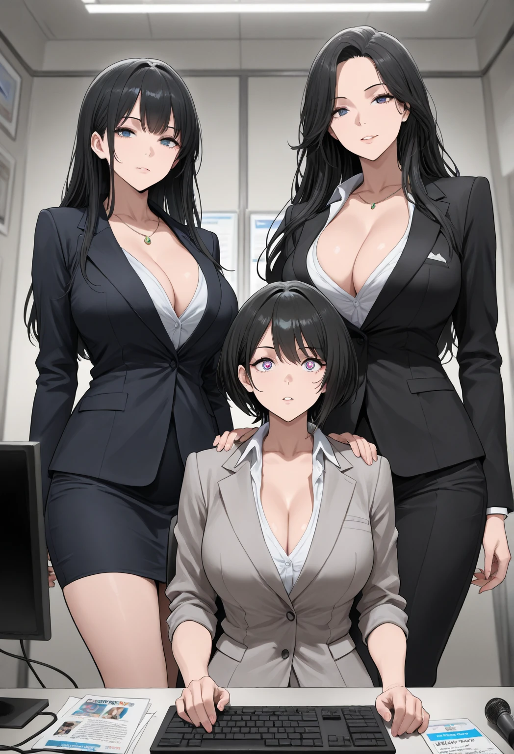 Three busty women , one with black hair ,  and other two with yellow and pink , black one is the mother of age 40 other two daughters of 18 an 25 , completely dressed , in shirt , mom