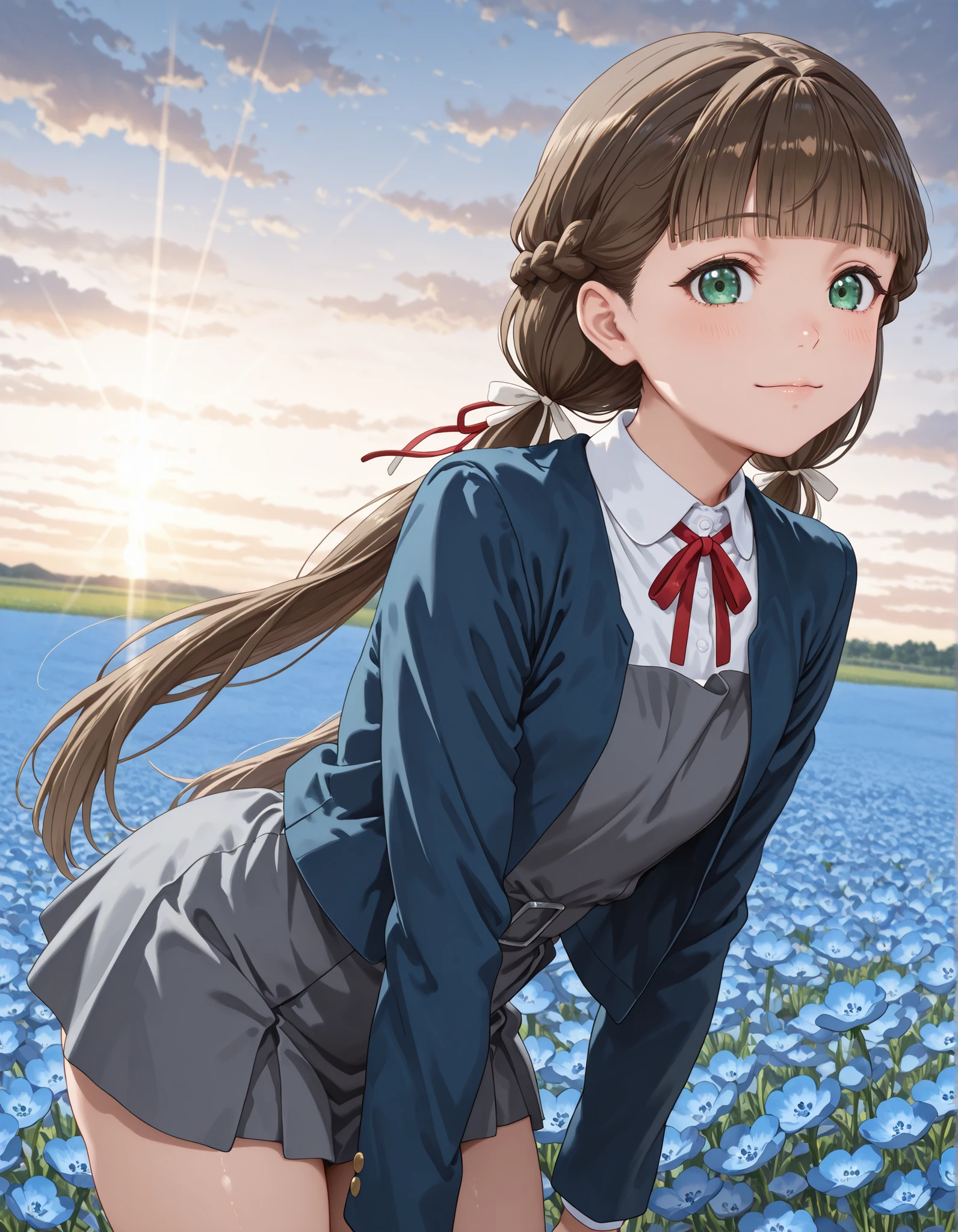 upper body, from below, 1girl, solo, looking at viewer, blurry background, light smile, cowboy shot, ((kinako sakurakouji, long hair, bangs, brown hair, twintails, green eyes, hair ribbon, braid, blunt bangs, low twintails, shirt, dress, ribbon, school uniform, jacket, white shirt, open clothes, collared shirt, open jacket, red ribbon, neck ribbon, blue jacket, pinafore dress, grey dress, yuigaoka school uniform)),, micro mini skirt, ((thighs)), from side, looking at viewer, light blush, leaning forward, Outdoors, depth of filed, Light on Face, Portrait, Sunlight, skyporn, (field of Nemophila flowers) outdoors, (Nemophila:1.2) (realistic blue flower:1.1), (blue flower field look like sea), horizon, noon, detailed background
