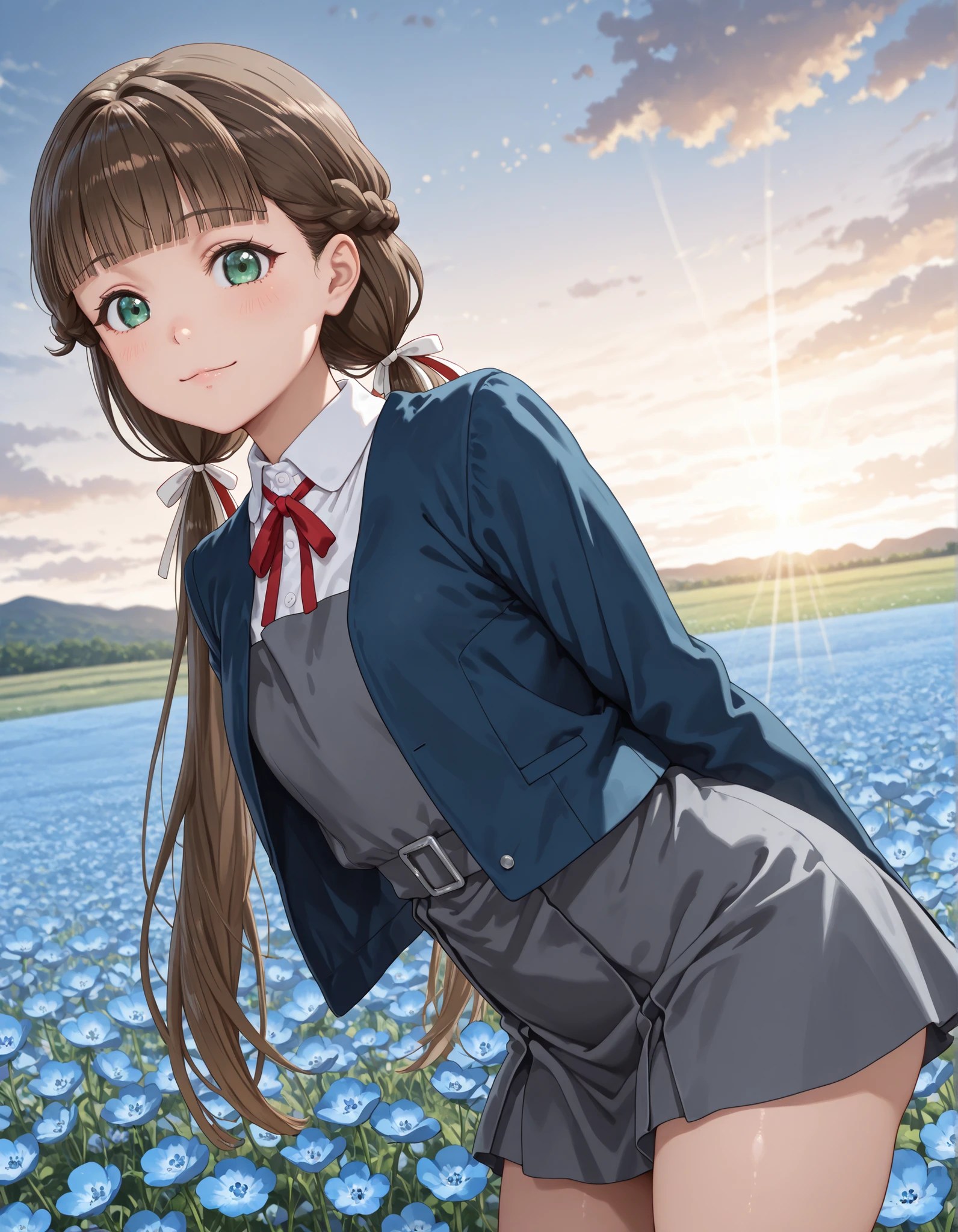 upper body, from below, 1girl, solo, looking at viewer, blurry background, light smile, cowboy shot, ((kinako sakurakouji, long hair, bangs, brown hair, twintails, green eyes, hair ribbon, braid, blunt bangs, low twintails, shirt, dress, ribbon, school uniform, jacket, white shirt, open clothes, collared shirt, open jacket, red ribbon, neck ribbon, blue jacket, pinafore dress, grey dress, yuigaoka school uniform)),, micro mini skirt, ((thighs)), from side, looking at viewer, light blush, leaning forward, Outdoors, depth of filed, Light on Face, Portrait, Sunlight, skyporn, (field of Nemophila flowers) outdoors, (Nemophila:1.2) (realistic blue flower:1.1), (blue flower field look like sea), horizon, noon, detailed background