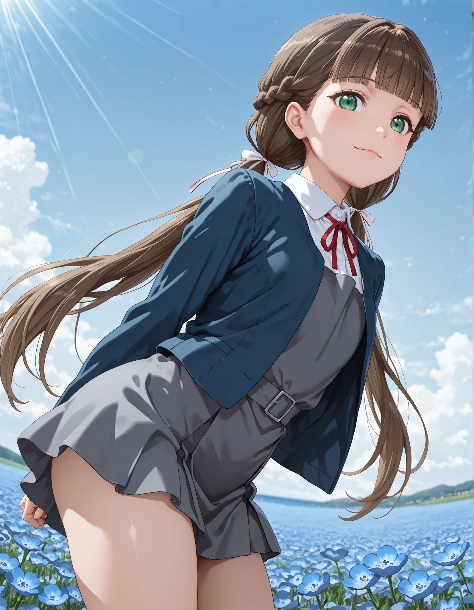upper body, from below, 1girl, solo, looking at viewer, blurry background, light smile, cowboy shot, ((kinako sakurakouji, long hair, bangs, brown hair, twintails, green eyes, hair ribbon, braid, blunt bangs, low twintails, shirt, dress, ribbon, school uniform, jacket, white shirt, open clothes, collared shirt, open jacket, red ribbon, neck ribbon, blue jacket, pinafore dress, grey dress, yuigaoka school uniform)),, micro mini skirt, ((thighs)), from side, looking at viewer, light blush, leaning forward, Outdoors, depth of filed, Light on Face, Portrait, Sunlight, skyporn, (field of Nemophila flowers) outdoors, (Nemophila:1.2) (realistic blue flower:1.1), (blue flower field look like sea), horizon, noon, detailed background