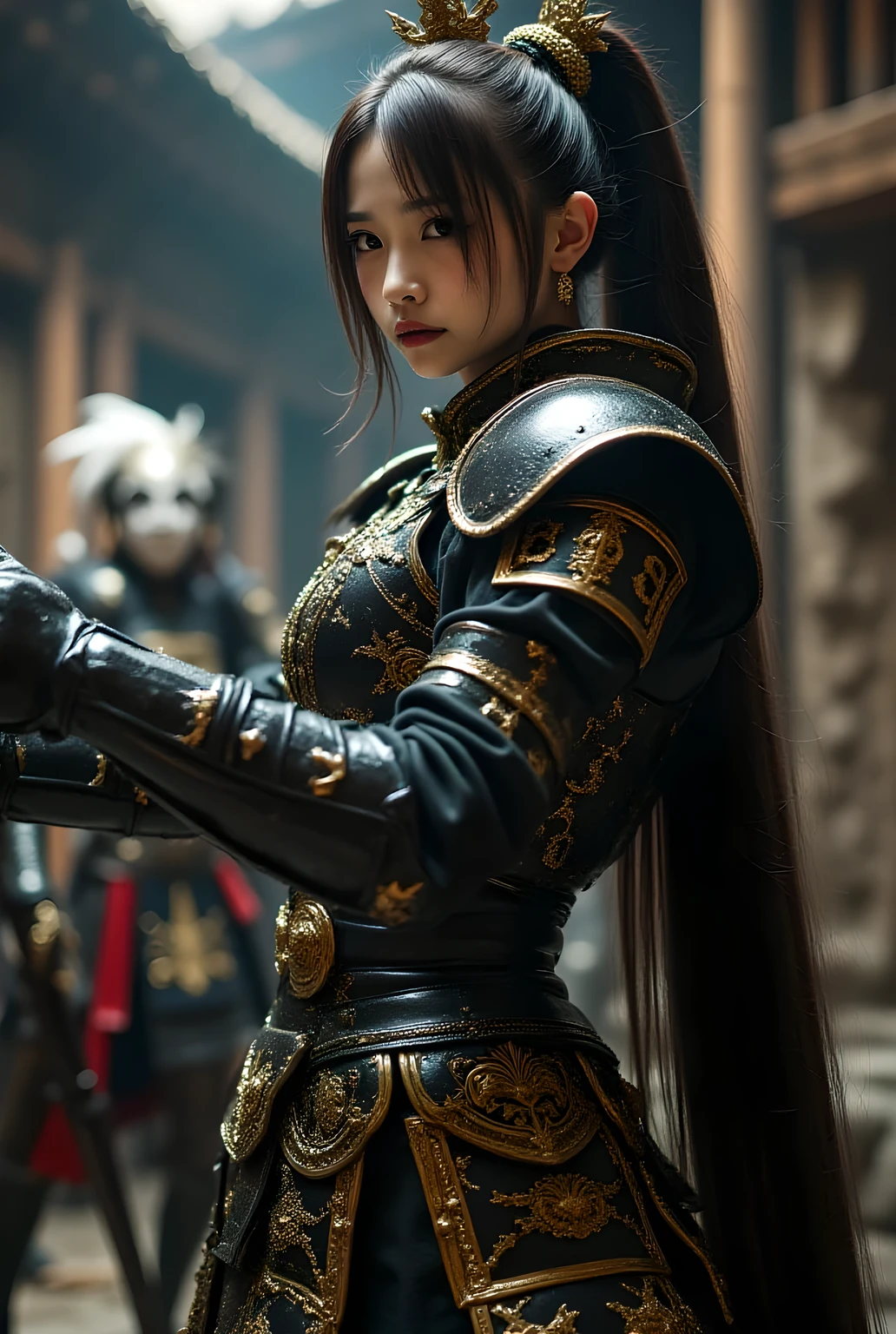 Realistic photo. Upper-body, close-up.
Beautiful Japanese female knight battling monsters in a dark dungeon, intimidating.
She is wearing a elaborate black and gold elaborate armor, detailed shoulder armor, detailed arms guards.
She holds her sword and delivers a blow to the monster.
The background is a spooky, detailed dungeon from the game.
Can't draw hands no matter how long try. Hide hands.
Very detailed images, vibrant colors, chiaroscuro, masterpiece, top quality.