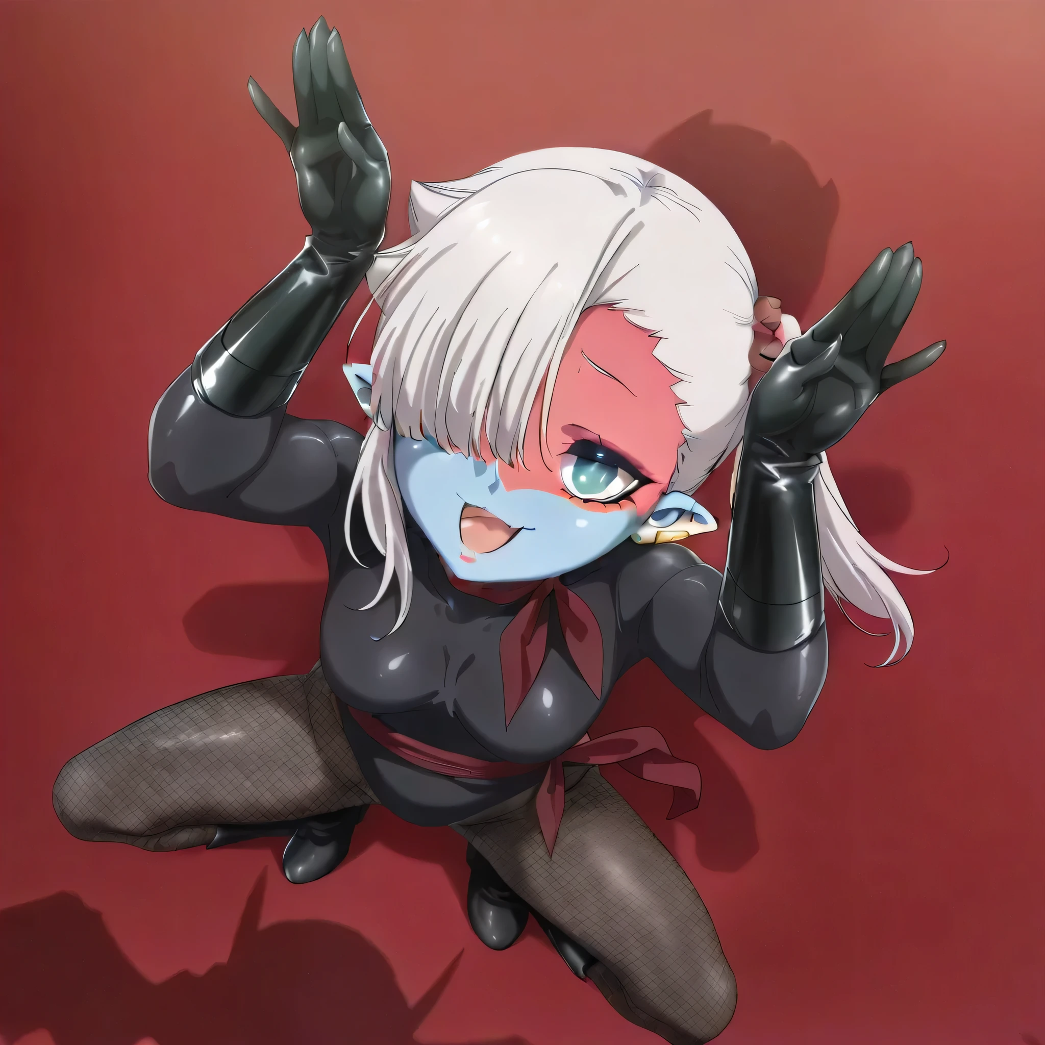 (((Masterpiece))), (((Best Quality))), ((Super Detail)), ultra-High resolution, score_9,score_8_up,score_7_up,score_6_up,score_5_up,score_4_up, BREAK, source_anime, anime screencap, uncensored, Masterpiece, (best shadow), (absurdres), (detailed background), (very aesthetic), detailed beautiful eyes, outstanding, detailed soft lighting, an exquisite animation illustration, curvy, highres, shiny clothing, dark persona, empty eyes, blank eyes, shocker, black leotard, latex elbow gloves, brown fishnet pantyhose, red sash, neck, makeup, (((blue skin))), colored skin, (((solo, 1girl))), hair ornament, pose, submissive pose, anime style, anime coloring, animification, megami magazine, pose, dynamic angle, cinematic angle, dutch angle, dynamic composition, small , Ishikawa Luna, grey hair, pointy ears, blue eyes, medium hair, hair over one eye, single sidelock, side ponytail, scrunchie, earrings, side ponytail, hair flaps, ear piercing, vampire, fang, rabbit pose, pose, looking from above, view from above, from above, cute pose, cute smile, smile, open mouth, cafe, indoor, crouching, squatting, full body, tilt head, head tilt