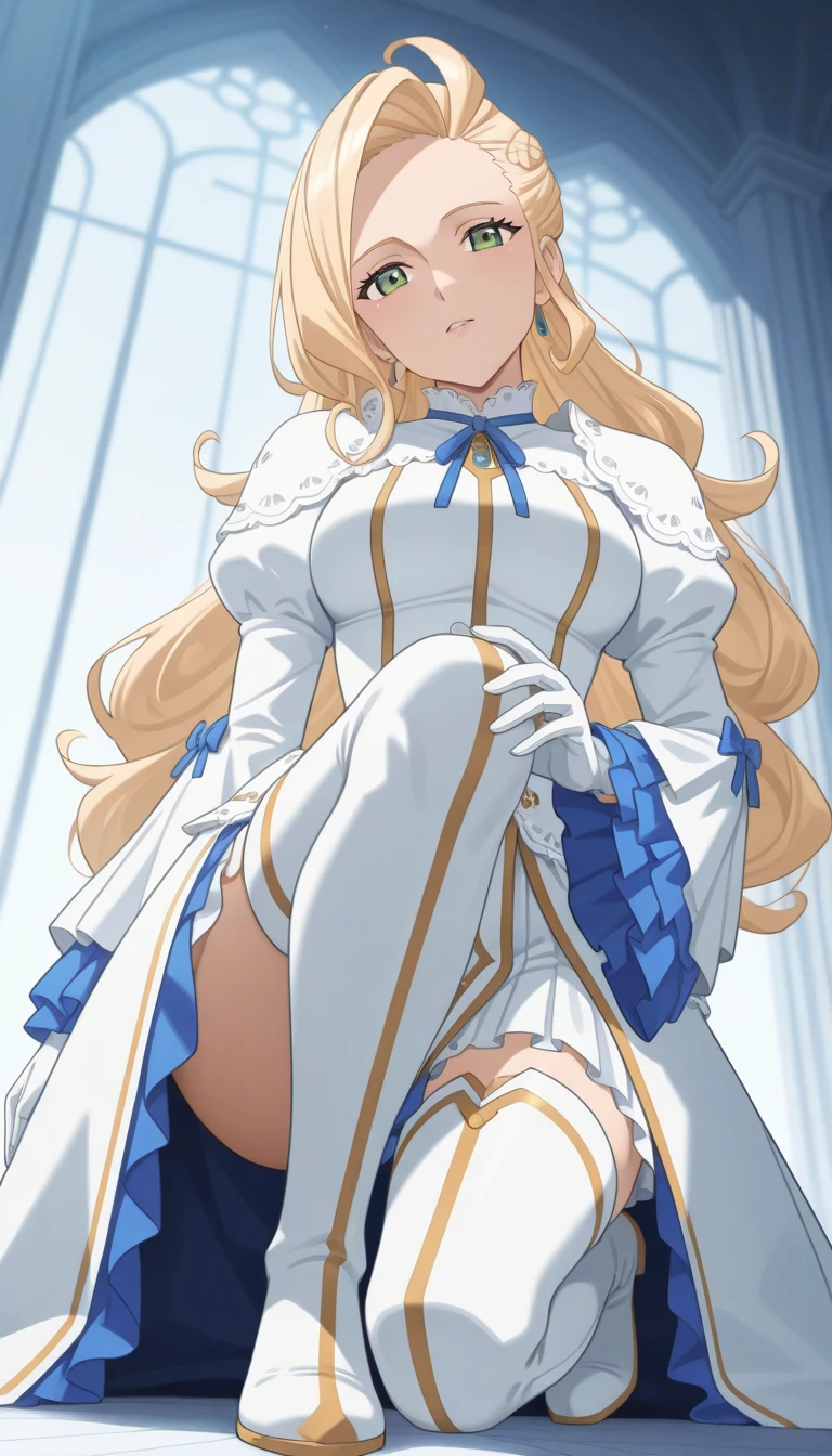 1girl, aaichika, tiara, bridal veil, necklace, cleavage, wedding dress, strapless dress, white dress, white gloves, elbow gloves, from below, skirt lift, white panties and  stockings,  legs,, masterpiece, best quality, highly detailed, long hair, blonde hair, x hair ornament, blue eyes, ponytail, hair ornament,