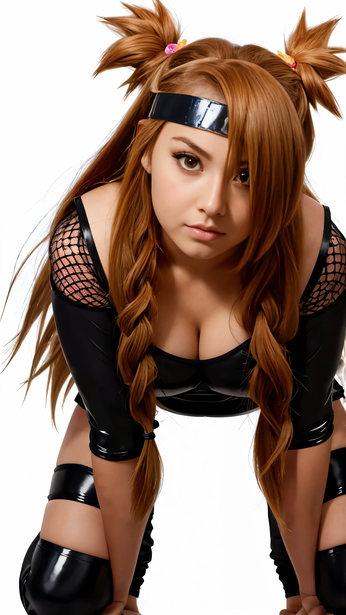 a very nice looking anime style girl with hair and long hair, 1girl, mature,solo, long hair, braid, blush, looking at viewer, holding, eyes, short sleeves, twin braids, bangs, jewelry, hair, flower,, ( The next generation ) hair,sharp focus, perfect hands,perfect eyes, perfect light,akimichi, tan skin, orange hair, hair over one eye, long hair, chubby/curvy, raight black strands. She’s wearing PVC BLACK tube top , arm sleeves, fishnets, thighhighs, forehead protector, Expressiveh, ,,, kneel down, show cleavge,seductively looking straight at viewer, sluty women,embarrassed face,naughty, undressing for intimate