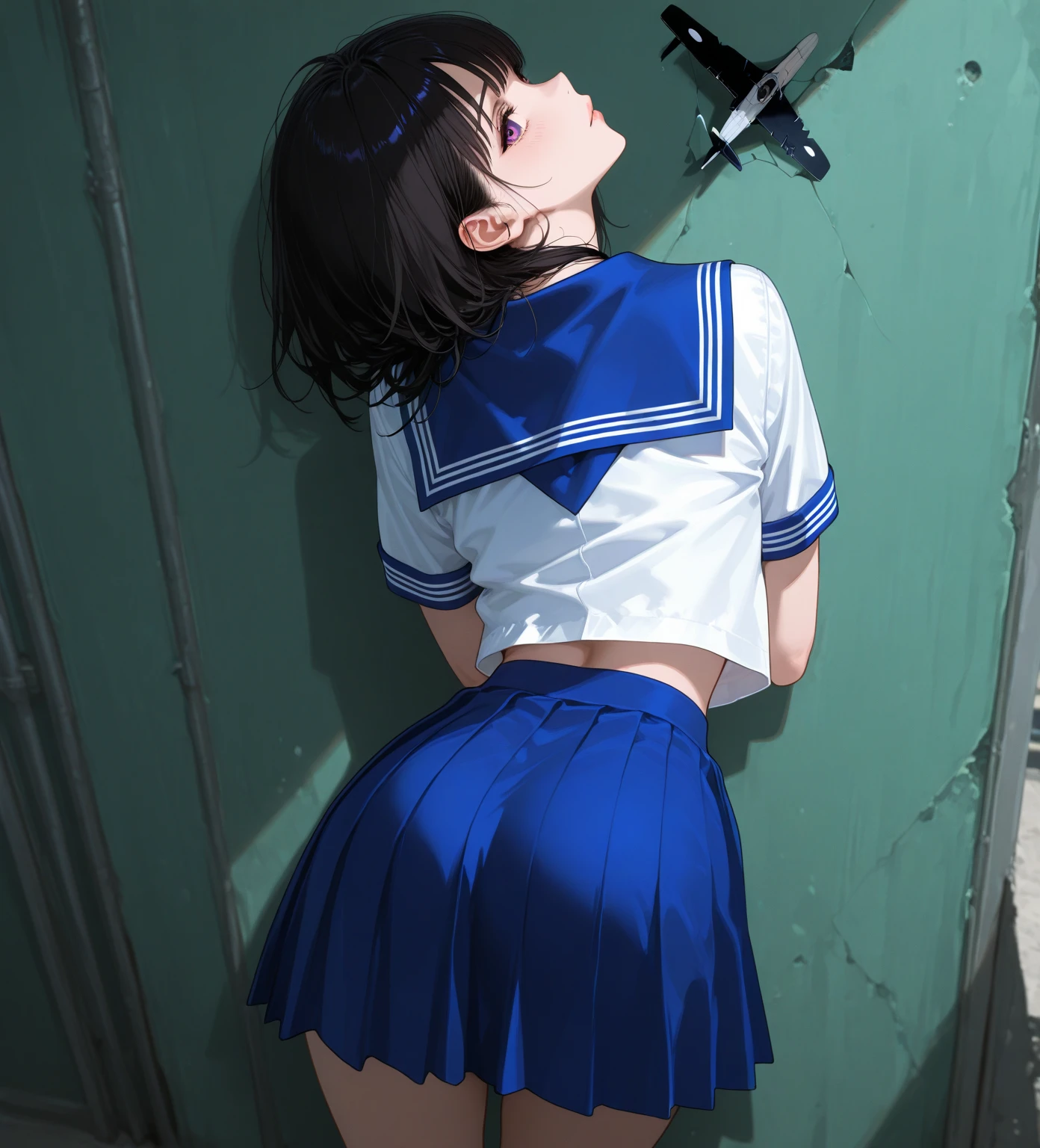 Highest quality,wonderful,finely,Highly detailed CG Unity 8k wallpaper, (High Contrast), Sailor suit, (Light blue striped ), (Beautiful ass:1.3),(Black Stockings),(Thighs:1.2)