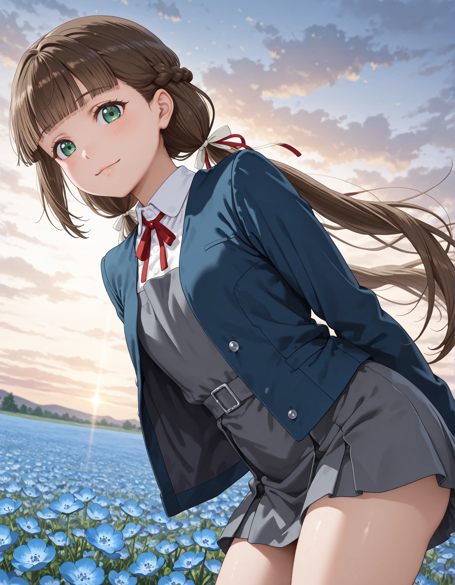 upper body, from below, 1girl, solo, looking at viewer, blurry background, light smile, cowboy shot, ((kinako sakurakouji, long hair, bangs, brown hair, twintails, green eyes, hair ribbon, braid, blunt bangs, low twintails, shirt, dress, ribbon, school uniform, jacket, white shirt, open clothes, collared shirt, open jacket, red ribbon, neck ribbon, blue jacket, pinafore dress, grey dress, yuigaoka school uniform)),, micro mini skirt, ((thighs)), from side, looking at viewer, light blush, leaning forward, Outdoors, depth of filed, Light on Face, Portrait, Sunlight, skyporn, (field of Nemophila flowers) outdoors, (Nemophila:1.2) (realistic blue flower:1.1), (blue flower field look like sea), horizon, noon, detailed background