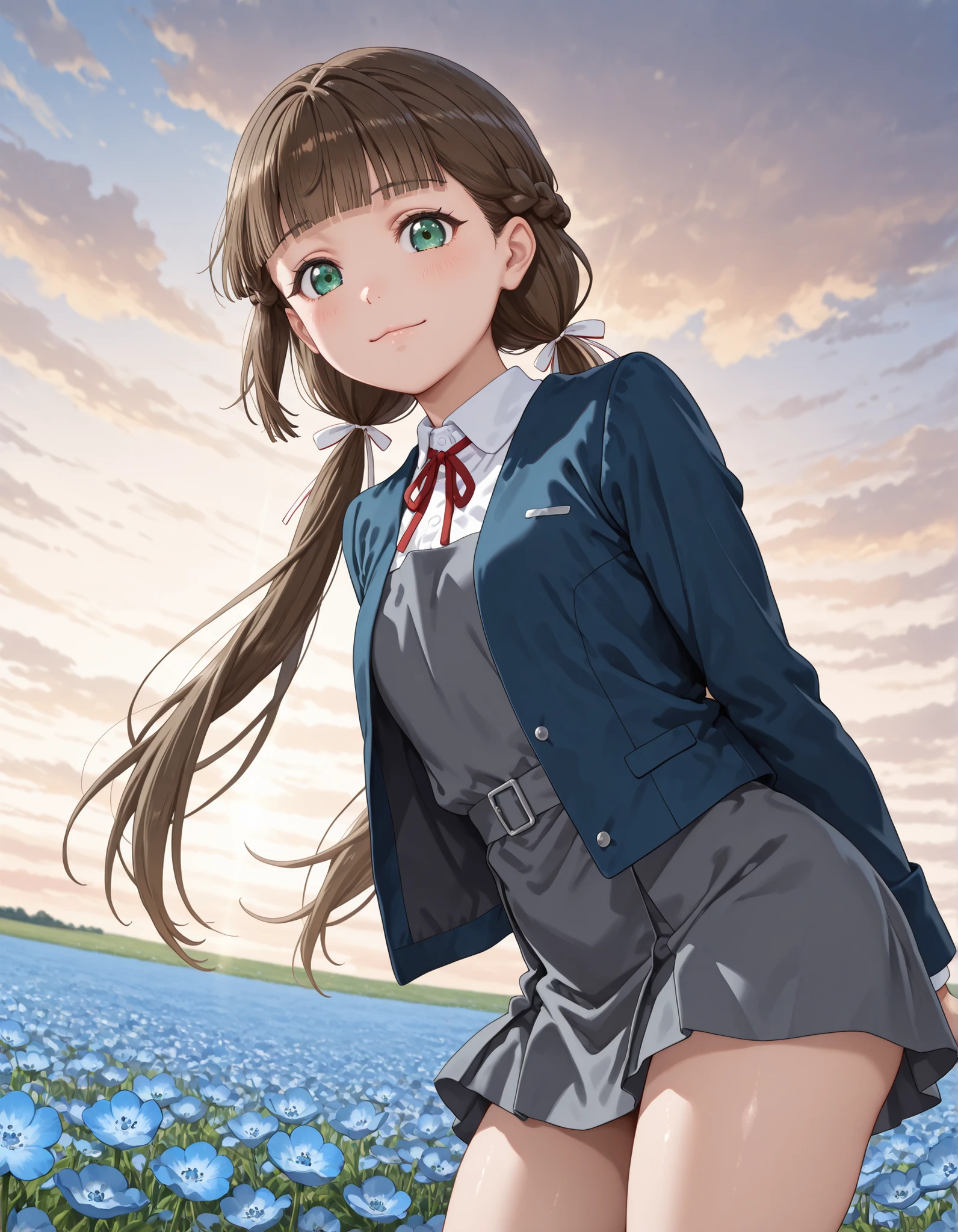 upper body, from below, 1girl, solo, looking at viewer, blurry background, light smile, cowboy shot, ((kinako sakurakouji, long hair, bangs, brown hair, twintails, green eyes, hair ribbon, braid, blunt bangs, low twintails, shirt, dress, ribbon, school uniform, jacket, white shirt, open clothes, collared shirt, open jacket, red ribbon, neck ribbon, blue jacket, pinafore dress, grey dress, yuigaoka school uniform)),, micro mini skirt, ((thighs)), from side, looking at viewer, light blush, leaning forward, Outdoors, depth of filed, Light on Face, Portrait, Sunlight, skyporn, (field of Nemophila flowers) outdoors, (Nemophila:1.2) (realistic blue flower:1.1), (blue flower field look like sea), horizon, noon, detailed background