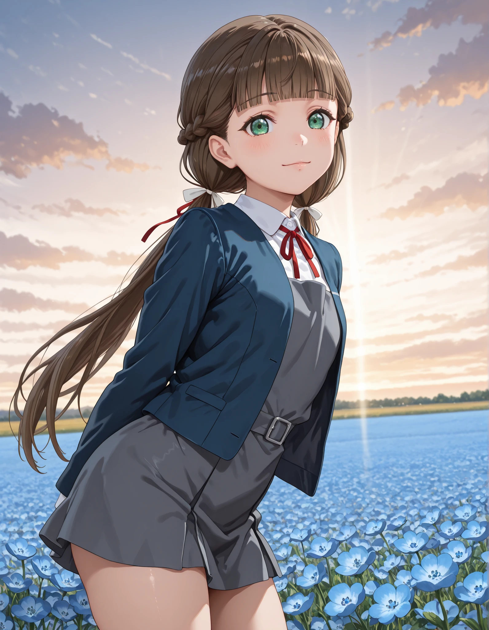 upper body, from below, 1girl, solo, looking at viewer, blurry background, light smile, cowboy shot, ((kinako sakurakouji, long hair, bangs, brown hair, twintails, green eyes, hair ribbon, braid, blunt bangs, low twintails, shirt, dress, ribbon, school uniform, jacket, white shirt, open clothes, collared shirt, open jacket, red ribbon, neck ribbon, blue jacket, pinafore dress, grey dress, yuigaoka school uniform)),, micro mini skirt, ((thighs)), from side, looking at viewer, light blush, leaning forward,  Outdoors, depth of filed, Light on Face, Portrait, Sunlight, skyporn, (field of Nemophila flowers) outdoors, (Nemophila:1.2) (realistic blue flower:1.1), (blue flower field look like sea), horizon, noon, detailed background
