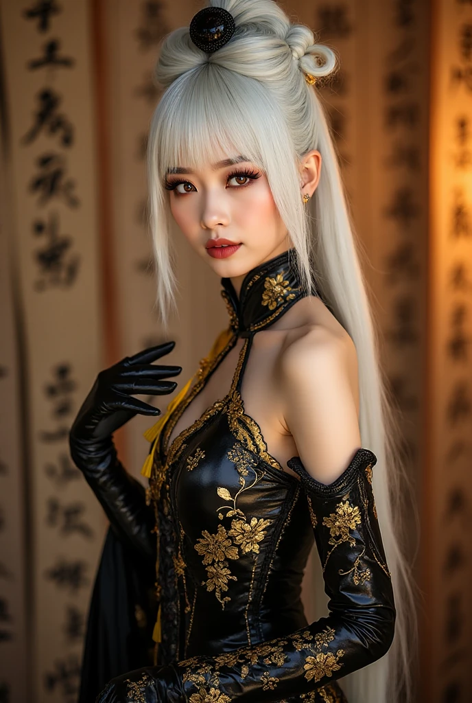((masterpiece:1.5,Highest quality,Highly detailed images,Beautiful images、Realistic、Photorealistic、2.5D))(1girl, solo)(, white hair, black eyes, Healthy legs、Tight 、Beautiful )(Fantasy dresses、Fantasy Clothes、Battle Dress from Another World、Deep slit)(wind, floating hair)(Inside the castle、Audience Chamber)