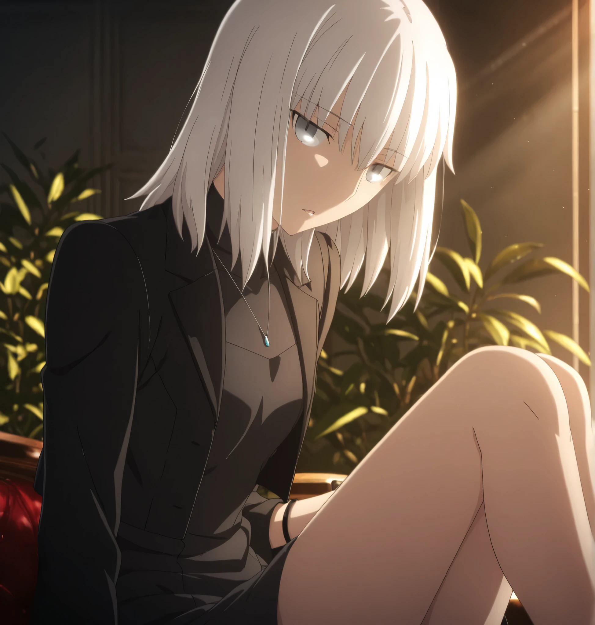 ufotable style ,masterpiece,best quality,good quality,newest, 8k, , from above, from side,
indoors ,((cinematic light, sunlight, backlight)), (sitting ), (plant ,detailed background, mansion),parted lips, , 
expressionless, 
looking at viewer, head tilt, bracelet,  ,(hair over eyes:0.9),wispy bangs, long bangs,
solo,
(anime coloring, anime screencap), 
fate heaven`s feel official style, 1 mature girl, wolf cut hair,(white hair, ),(medium hair, ),(tsurime ,jitome), (light gray eyes),slim long arms,(small chest),(tall girl, aged up, :1.31),
cowboy shot, , ,knees up
(black jacket, black high neck dress,  ,),, slim legs, ,