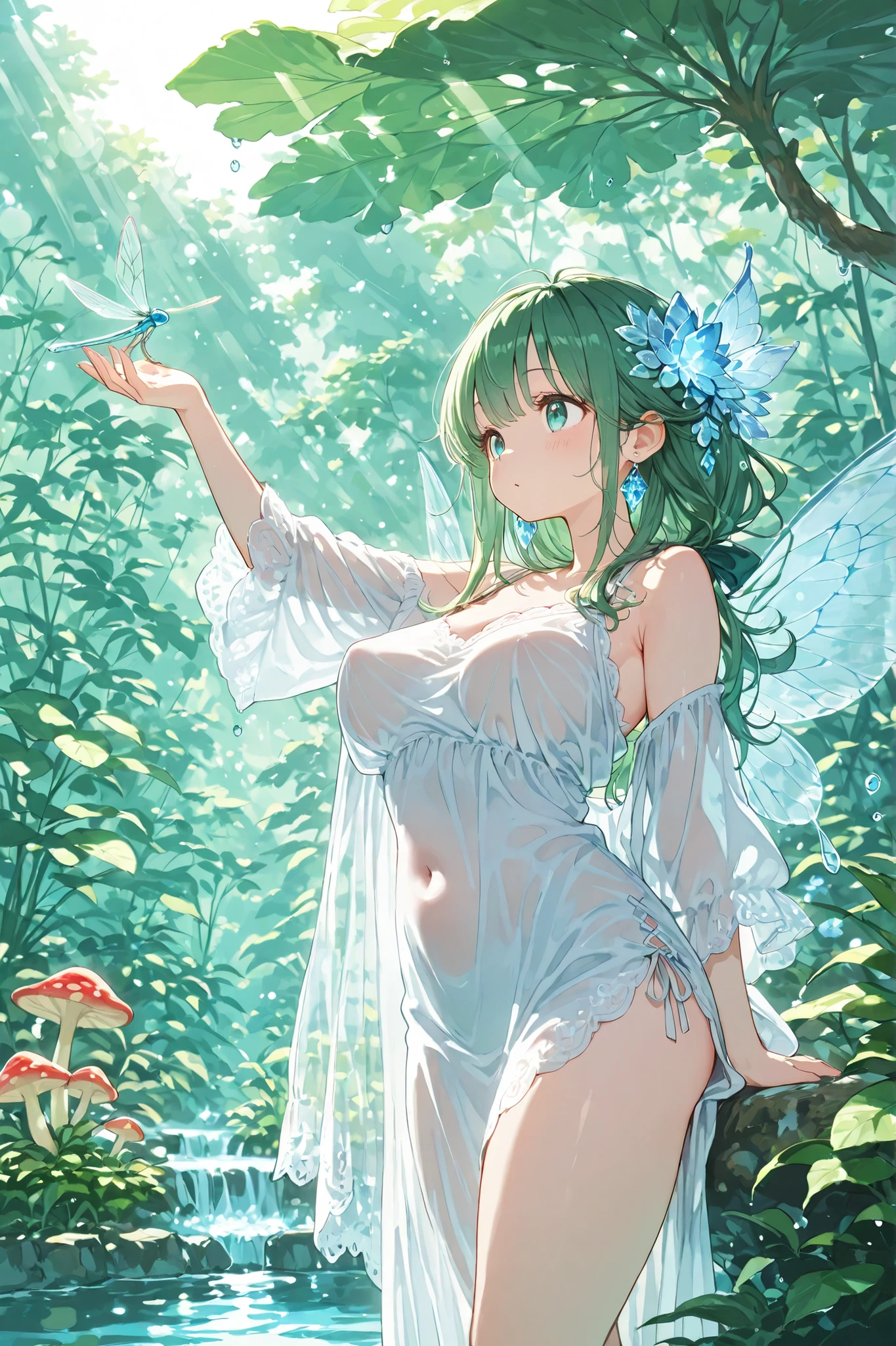 cute, tallの女性、(solo),solo,mature woman,tall、attractive thighs、masterpiece, Newest, vivid, cute, (masterpiece, details:1.2) top quality, Ultra High Definition, Original photo, beautiful fairy woman, slightly larger breasts、perky breasts、nipple protrusion under his clothes、detail navel , Translucent Dragonfly Wings, Flowing hair adorned with small flowers, Magical Aura, fantasy garden with giant mushrooms,  bioluminescent plant , Characteristics of crystal water, spotted sunlight shining through leaves, Magical dust, Fantastic Lighting, Lens Flare, Dreamy Atmosphere, Fantasy World, detailsな肌の質感, Delicate features of , Aerial flight with graceful posture、see-through:1.5