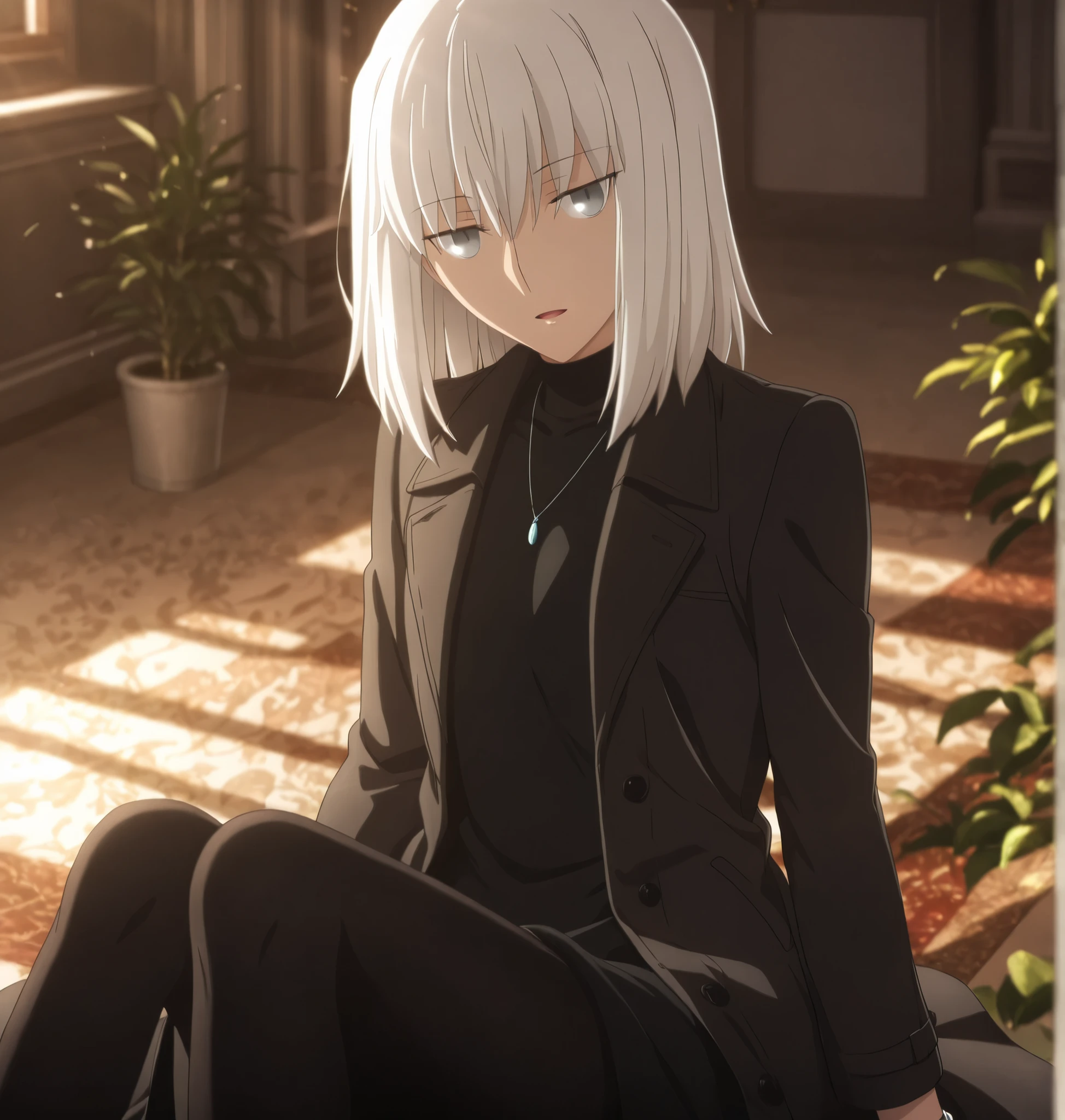 ufotable style ,masterpiece,best quality,good quality,newest, 8k, , from above, from side,
indoors ,((cinematic light, sunlight, backlight)), (sitting ), (plant ,detailed background, mansion),open mouth, , 
expressionless, smile,
looking at viewer, head tilt, bracelet,  ,(hair over eyes:0.9),wispy bangs, long bangs, ,
solo,
(anime coloring, anime screencap), 
fate heaven`s feel official style, 1 mature girl, wolf cut hair,(white hair, ),(medium hair, ),(tsurime ,jitome), (light gray eyes),slim long arms,(small chest),(tall girl, aged up, :1.31),
cowboy shot, , ,knees up
(black long coat, black high neck dress,  ,),black pantyhose, slim legs, ,