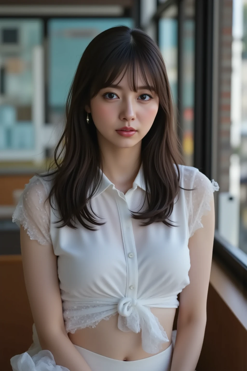 (Sensual look, I feel ,:1.9), ((Full Body Shot:1.9 highest quality)), (from below:1.0), (panorama:1.8), Cinema Lighting, (RAW Photos, highest quality), ( Realistic:1.4), realism, masterpiece, Very delicate and beautiful, Very detailed, 4k wallpaper, wonderful, finely, Very detailed CG unity 8k wallpaper, Very detailed, High resolution, Soft Light, Japanese, (one shot:1.9), (26 years old:1.6), Beautiful detailed woman,Famous Japanese actresses, ((Round face:1.2)), (Fat:0.8), Detailed face,Very detailed eyes and face, finelyて美しい目, (Loose inward curls:1.4), Shiny Hair, Brown Hair, (bangs:1.4), (A light smile:1.2), Natural Makeup, (Small :0.8), Beautiful detailed girl, Very detailedな目と顔, Beautifully detailed nose, finelyて美しい目, (Wearing a white blouse:1.0), (Wearing high-waisted wide pants:1.2), Wearing pumps, (Glass skyscraper:1.3), Strolling around Shibuya,