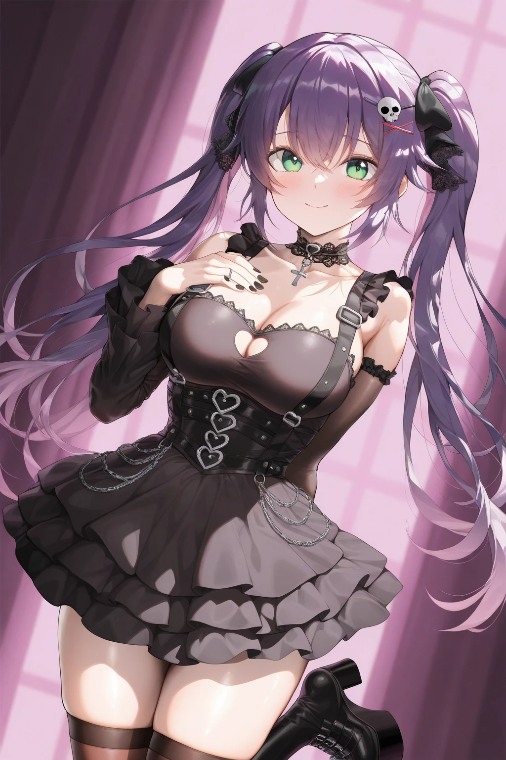 ((masterpiece)), ((best quality)), (ultra-detailed), anime style,large breast, slim, slender, ashamed,  ,Girl with modern gothic makeup, fair skin, long legs, black eyeshadow, camisole, plump figure, earrings and lip studs, fishnet stockings, posing in an attractive pose, lovable expression，Kneeling