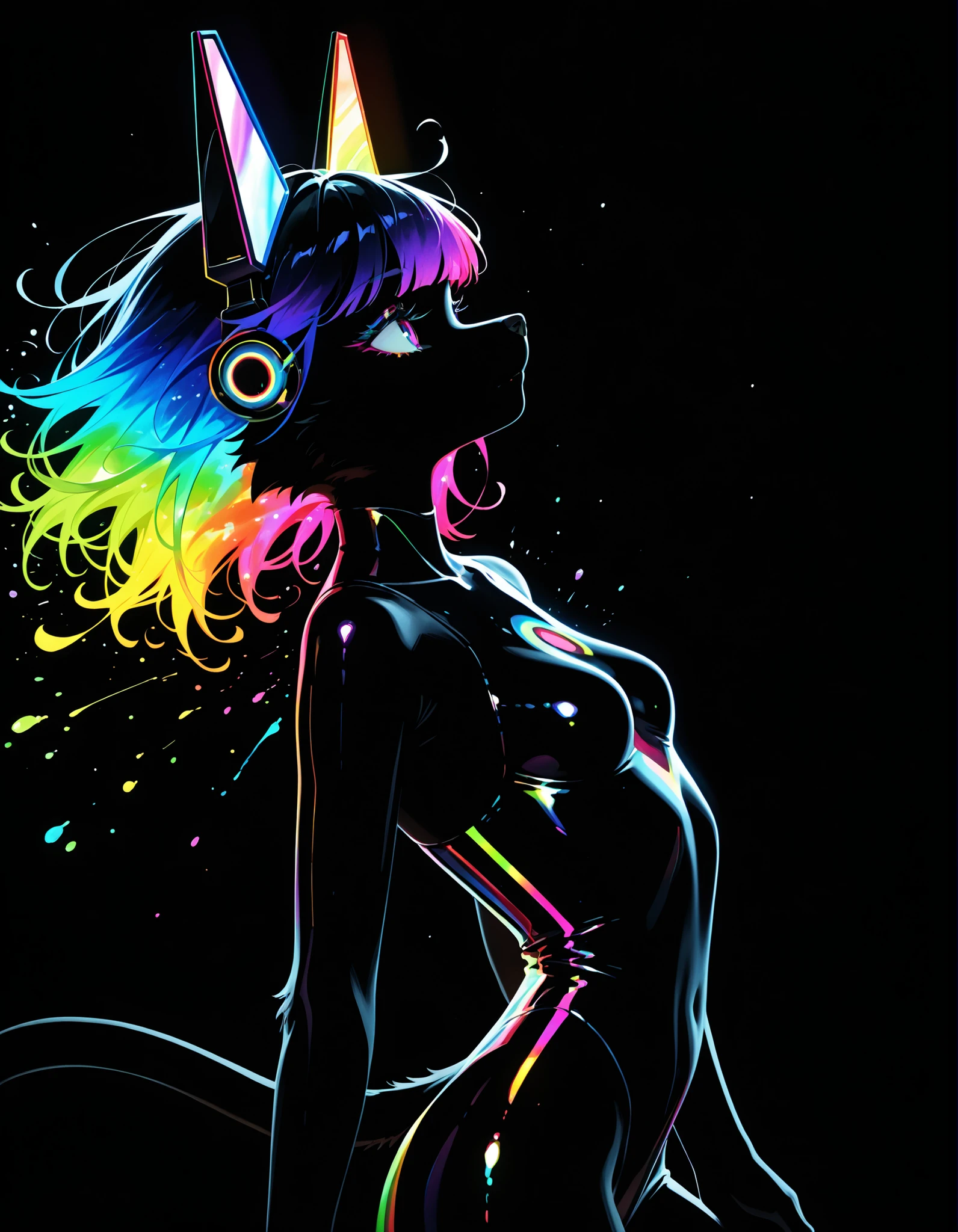 ,, furry girl, anthro, facing sideways, elegant pose, silhouette body, (glossy black fur), (neon outlines), (flat lighting), exploding fractals, liquid neon paint, splash effect, rainbow iridescent hair, gradient glow, (triadic colors), (spot color:1.2), cyberpunk headgear, artistic, abstract style, black background, recursion, film grain, no lineart, high aesthetic, small breasts, safe