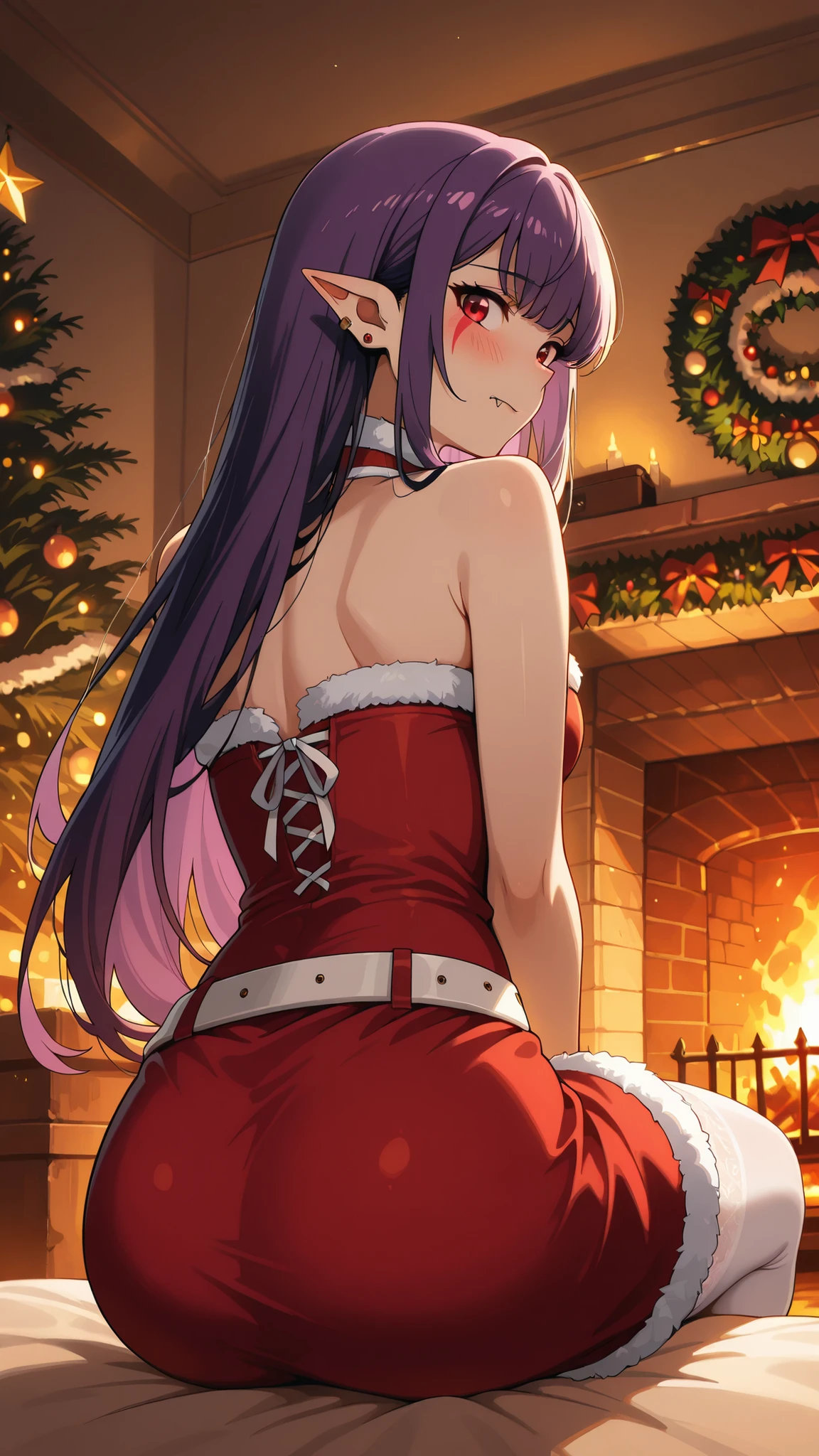 BREAK (masterpiece:1.2),highly detailed realistic anime background, warm living room with Christmas tree,cinematic perspective, deep contrast and vibrant highlights, AMOLED lighting style, SDXL realism, ultra high quality, no people,
soft lights,
presents under tree,
fireplace glowing,
holiday decorations,
cozy intimate festive vibe, Esil Radiru, pointed ears, earrings, purple hair, red eyes, fangs, facial mark, fangs out,female anime outfit,
female anime outfit,
short red dress with white fur hem,
thigh-high winter stockings, white stockings,
white ribbon belt,
fuzzy wrist cuffs,
soft warm reflections from fireplace,warm holiday glow highlighting soft textures,
,looking at viewer,cowboy shot,blush,shy face,seductive pose,sitting in a squatting pose, detailed body, soft warm lighting, intimate atmosphere, near fireplace,from behind,back shot,from below
