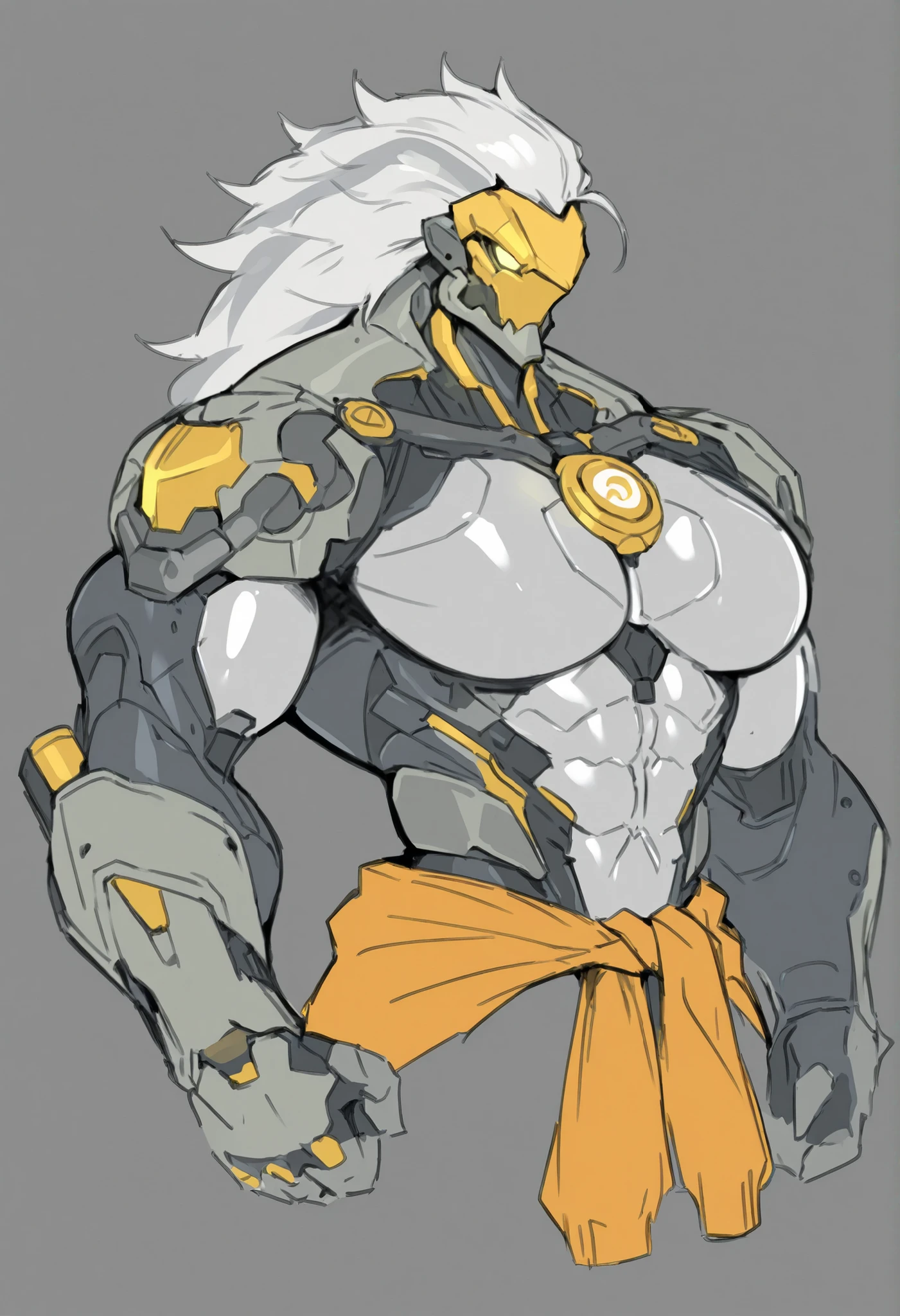 masterpiece, best quality, amazing quality, very aesthetic, 1 man, dnd warforged, fantasy, bicolor hair, grey hair, white hair, detailed musculature, mechanical parts, chest arms and legs coverd by scaly armor, balanced yet muscular physique, detailed muscles, thick arms and legs, wide chest, bulky, floating orbs, jacket around waist, segmented armor covering muscles, mechanical detailed face, core in chest, sketch, concept, portrait, upper body focus