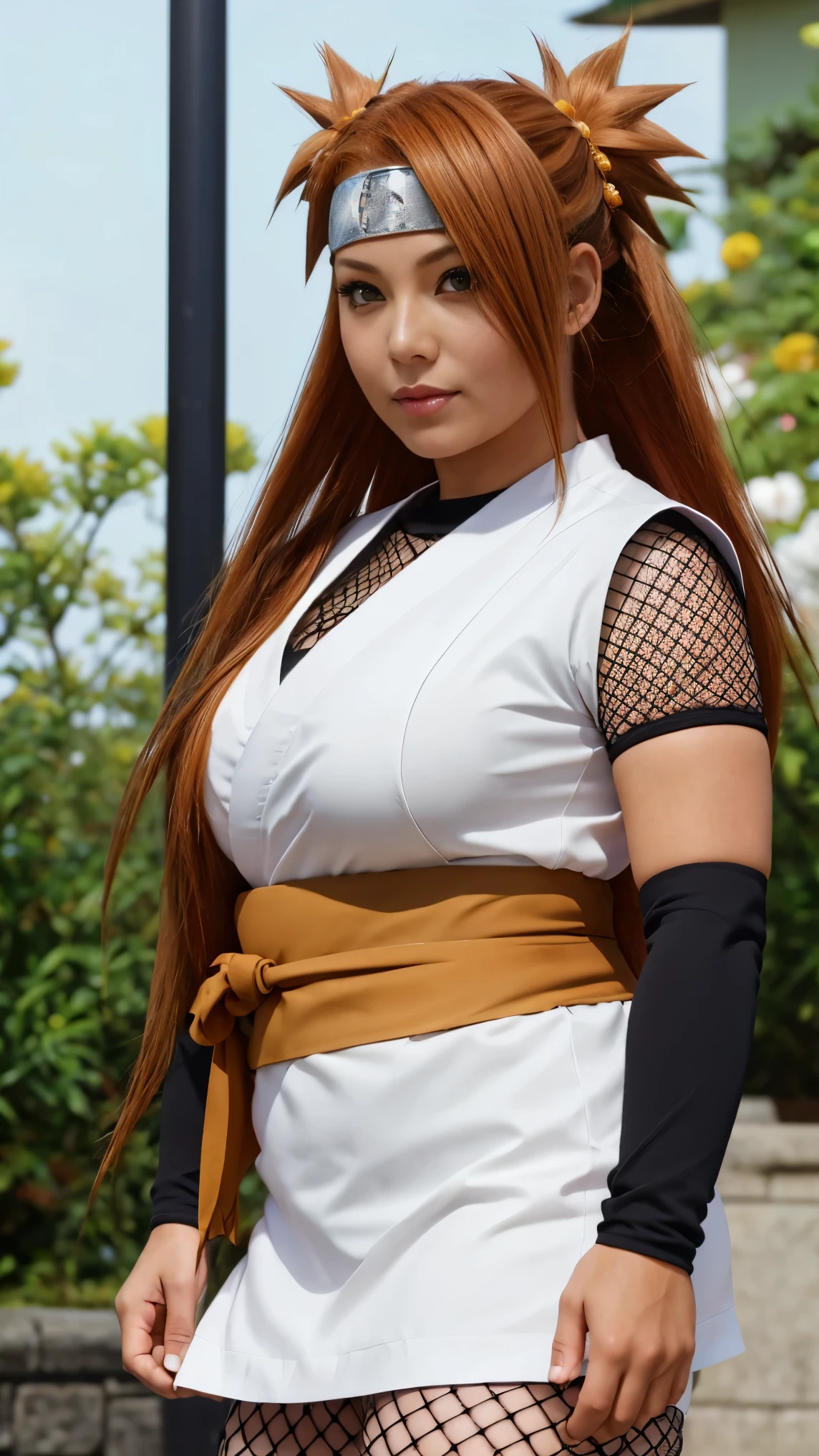 a very beautyfull looking anime milf girl with hair and long hair, 1mature 40 yo busty women,girl, solo, long hair, braid, blush, looking at viewer, holding, eyes, short sleeves, twin braids, bangs, jewelry, hair, flower,Sakura Haruno, ( The next generation ) hair,sharp focus, perfect hands, perfect light,akimichi, tan white skin, orange hair, hair over one eye, long hair, chubby/curvy, japanese clothes, arm sleeves, fishnets, thighhighs, forehead protector