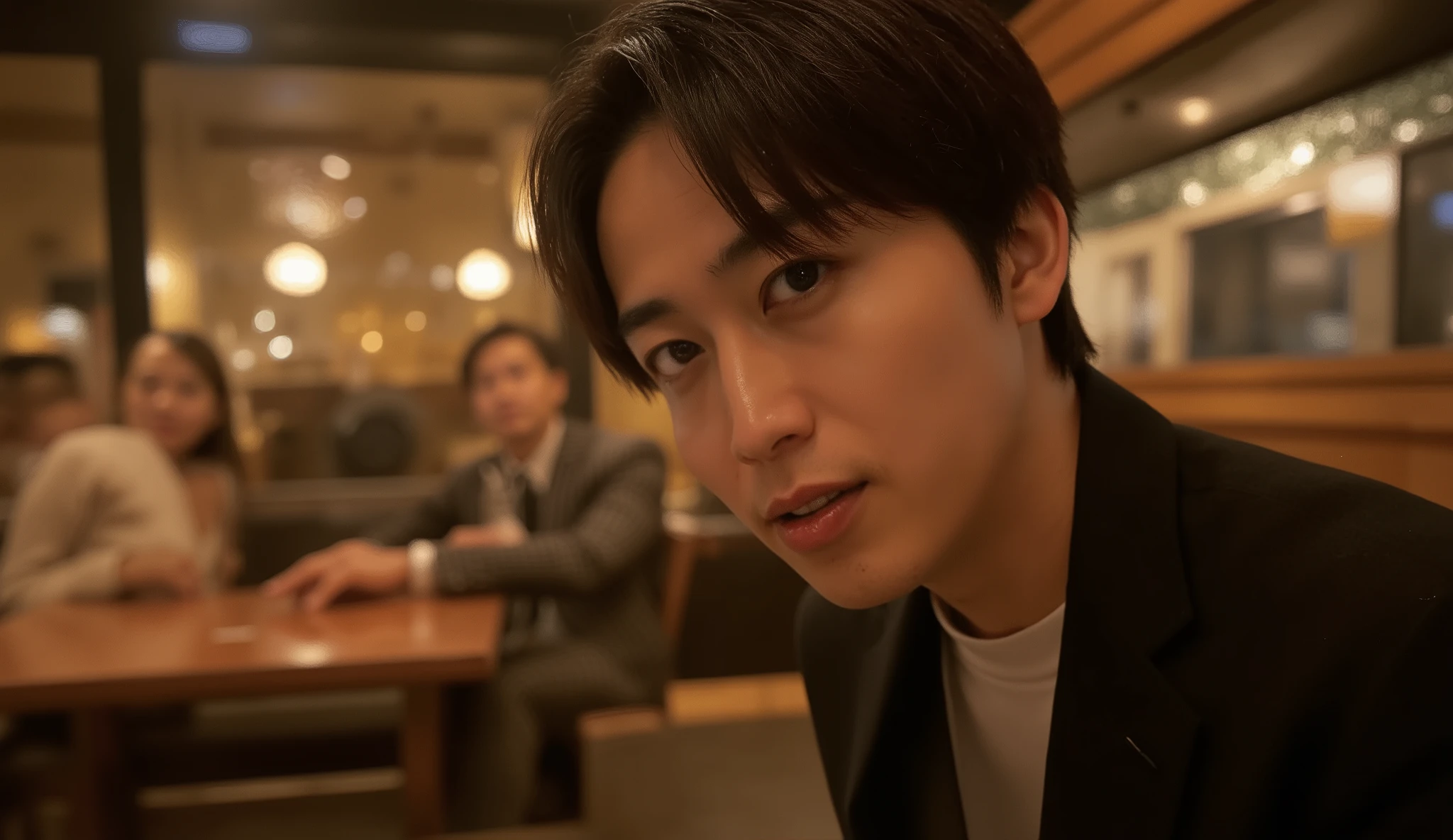 A handsome Japanese man, alone. His body is turned to the side in a natural and realistic posture, while his face turns toward the camera without looking unnatural. His face is close to the viewer, filling most of the frame. His lips are slightly parted in a cool, confident, stylish way—like a subtle pose, not a smile. His expression is moody, calm, and attractive rather than scary. His hairstyle is a clean center part, and his skin is smooth and flawless with no stubble or facial hair.

The overall lighting is dark and atmospheric, giving a deep moody tone similar to nighttime scenes. The subject is kept in a darker tone, but soft, warm highlights gently illuminate parts of his face and hair to give a sensual glow. The background has a warm, bar-like or urban warm-night vibe, with soft warm lights or reflections that add mood without distracting from the subject.