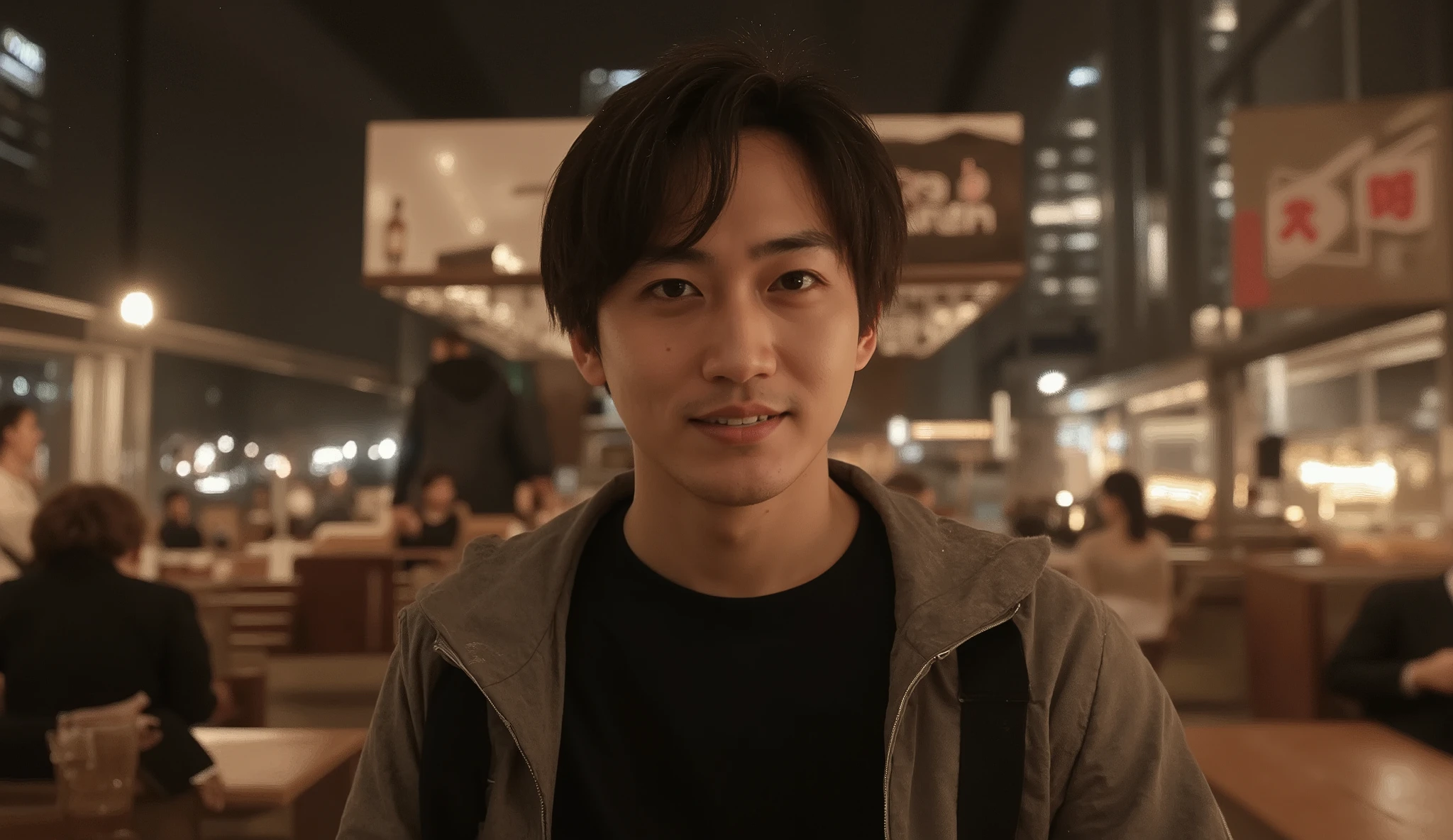 A handsome Japanese man standing alone. His body faces sideways in a natural posture, while his face turns toward the viewer at a natural and flattering angle. His face appears large in the frame, clearly emphasized as the main subject.

His lips are slightly parted — not smiling — creating a subtle, seductive expression. The mouth carries a cool, confident aura, with no upward curve at the corners. His expression is moody, calm, mature, and attractive — never aggressive, just quietly charismatic. His hair is styled in a clean center part. His skin is smooth with no visible facial hair or stubble.

The overall lighting is dark with a deep nighttime mood, similar to a cinematic night scene. The subject remains dimly lit, but soft warm light highlights parts of his face and hair, adding depth, shine, and sensuality.

The background features a dreamy, floating bar in the night sky. Warm ambient lighting glows softly, and distant high-rise city lights shimmer in the background. Faint silhouettes of people may appear, but the man remains the dominant focal point, naturally drawing the viewer’s attention.

A fantasy-like, cinematic atmosphere — urban night dream aesthetic.