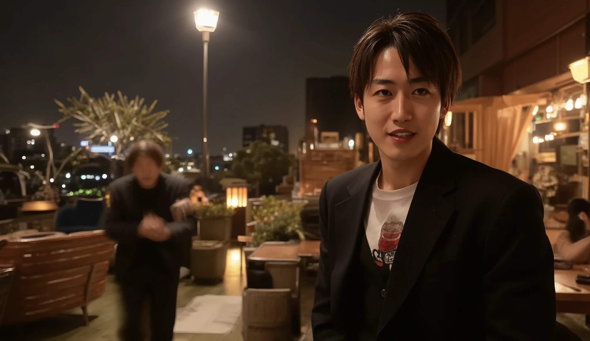 A handsome Japanese man standing alone. His body faces sideways in a natural posture, while his face turns toward the viewer at a natural and flattering angle. His face appears large in the frame, clearly emphasized as the main subject.

His lips are slightly parted — not smiling — creating a subtle, seductive expression. The mouth carries a cool, confident aura, with no upward curve at the corners. His expression is moody, calm, mature, and attractive — never aggressive, just quietly charismatic. His hair is styled in a clean center part. His skin is smooth with no visible facial hair or stubble.

The overall lighting is dark with a deep nighttime mood, similar to a cinematic night scene. The subject remains dimly lit, but soft warm light highlights parts of his face and hair, adding depth, shine, and sensuality.

The background features a dreamy, floating bar in the night sky. Warm ambient lighting glows softly, and distant high-rise city lights shimmer in the background. Faint silhouettes of people may appear, but the man remains the dominant focal point, naturally drawing the viewer’s attention.

A fantasy-like, cinematic atmosphere — urban night dream aesthetic.