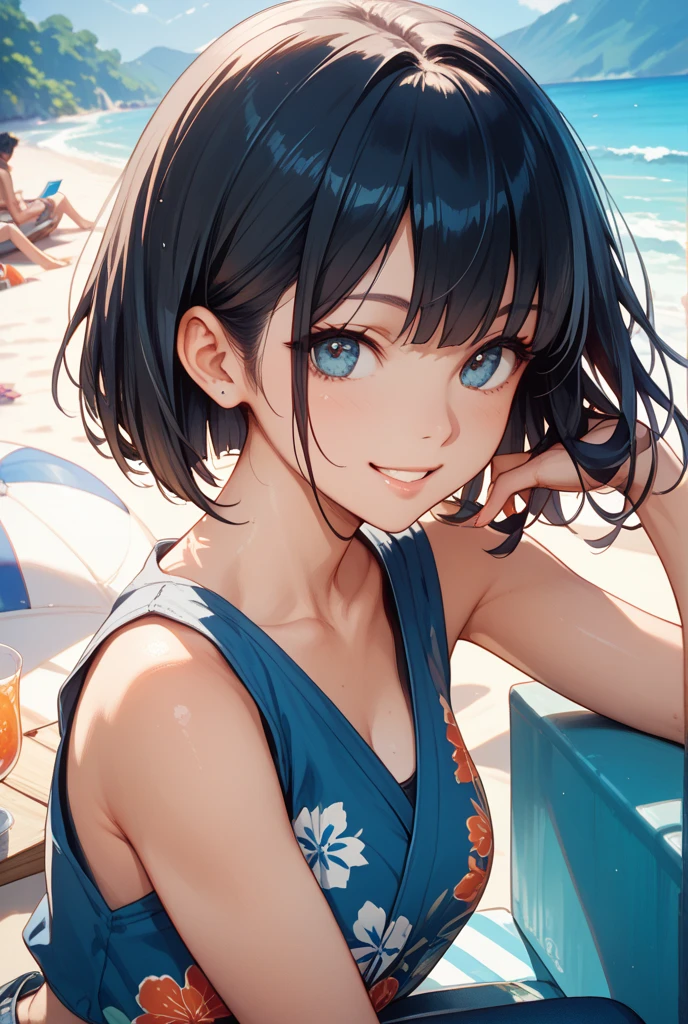 (Highest quality:1.4、8K:1.4、detailed)、F cup bust、Slim body、Very white beautiful skin、((((1 person、Surprised expression、sit、Chair、In the background are the urban buildings of Tokyo、looking at the camera、Outdoor café terrace、coastal、Navy hair color、juice、Shooting up close、table、Very cute face))))、(((())))、(Pose of putting hair behind ears with hands:1.4)、Very blue sky、A completely cloudless sky