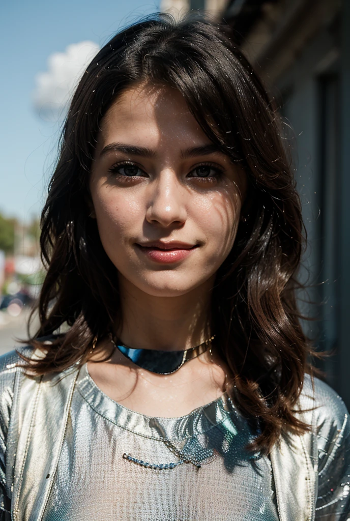 in 8K, Raw-Photo, best quality, masterpiece:1.2), 1 girls , 20yo, 3/4 body, a beauty, turkish, european mix, Balkans ancestry, slim normal body, caramel layered hair color, short hair, (wavy hair), bob cuts hair,(Show your teeth and smile), looking at viewer, blazers, tucked in shirts, ripped skinny jeans, office outfit, professional look, (beads necklace:1.2), ((The highest quality, 16 k, masterpiece: 1.3)), Biologically Correct Human, reference, detailed faces, detailed lips, detailed eyes, glittering eyes, realistic pupils, brown pupils, outdoor, siting, elegance, at the coffee shop, light on the face, golden hours, ambience light, backlight, summer, people in the background watching, cinematic look, deep depths of field, blurry background