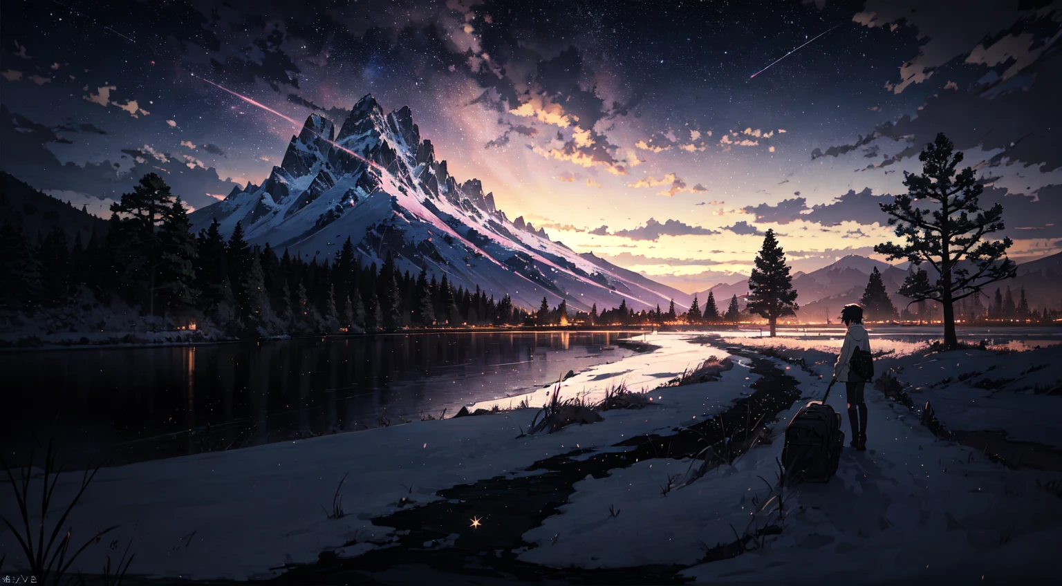 Landscape, mountain view, floating leaves, autumn, light and shadow, dream, shooting stars, evening