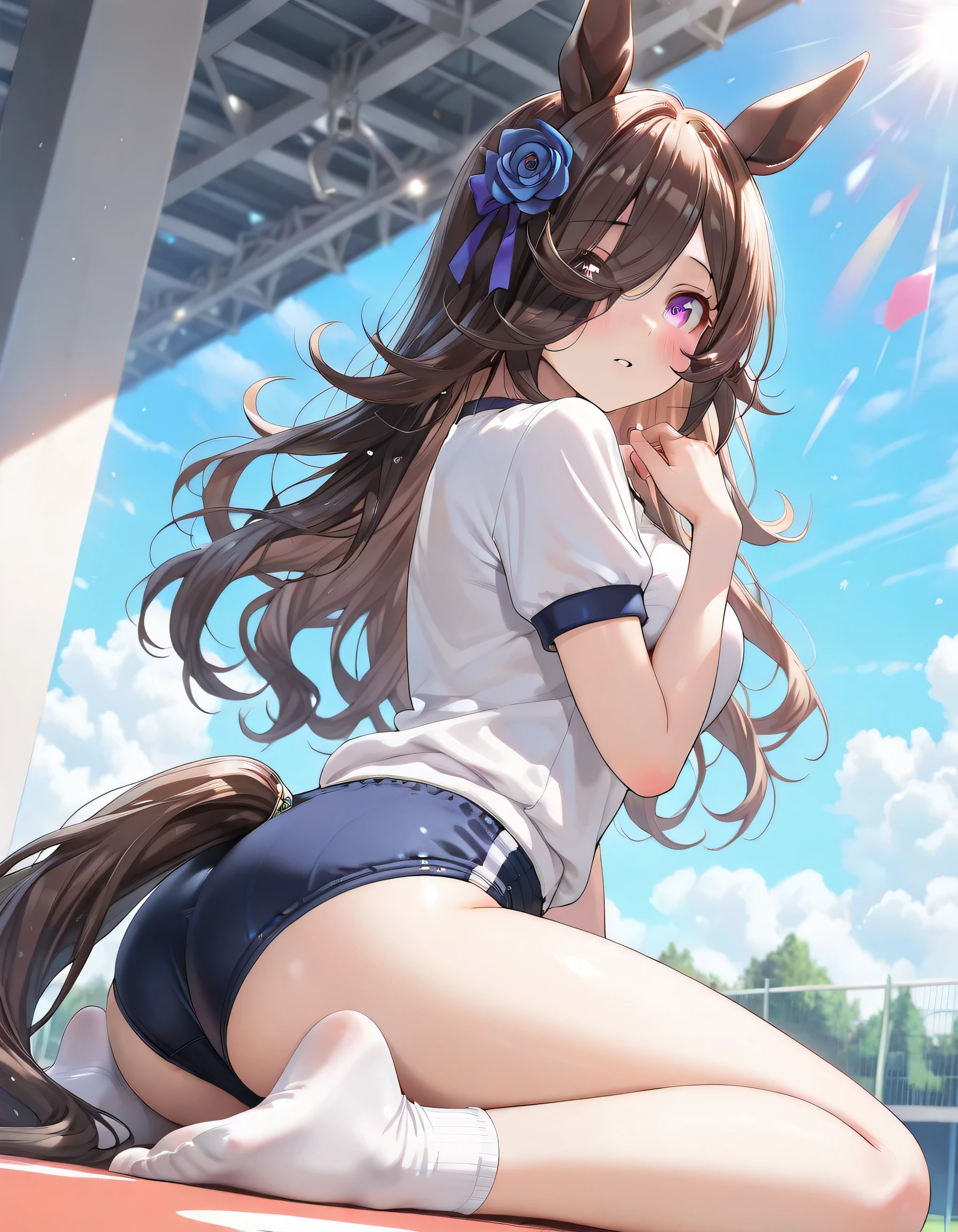 ((ultra-detailed)), (highly detailed CG illustration), (best quality:1.3), ultra-highly detailed, colorful composition, artistic photoshoot, 1girl, solo, moe anime character, Anime-style, harmonious color palette, dainty facial structure, round face, rounded chin:1.2, short stature, rice shower \(umamusume\) animal ears, horse tail, purple eyes, brown hair, hair over one eye, 1girl, horse ears, medium breasts, white gym uniform with Navy blue rim:1.3, navy blue school gym buruma, shy:1.2, blush:1.3, flowing hair in the wind, sitting, wariza:1.3, turn around:1.3, from behind:1.4, angled angle, butt focus:1.2, looking viewer, full body shot, sidelighting, beautiful blue sky background:1.4, depth of field, dynamic pose, contrapposto pose, best quality, masterpiece, cinematic lighting, 8K resolution, portrait, depth of field, caustics, ray tracing, perfect face, lustrous skin, highly detailed face, highly detailed eyes, perfect nose, perfect hair, beautiful hair, beautiful detailed eyes, beautiful small face, extremely detailed face, beautiful clavicle, beautiful body, beautiful ample breasts, breasts squeezed together, beautiful thin thighs, beautiful legs, beautiful fingers, 4 fingers, 1 thumb, lovely, pastel colors palette, kawaii aesthetic, intricate details, girly atmosphere, chromatic aberration