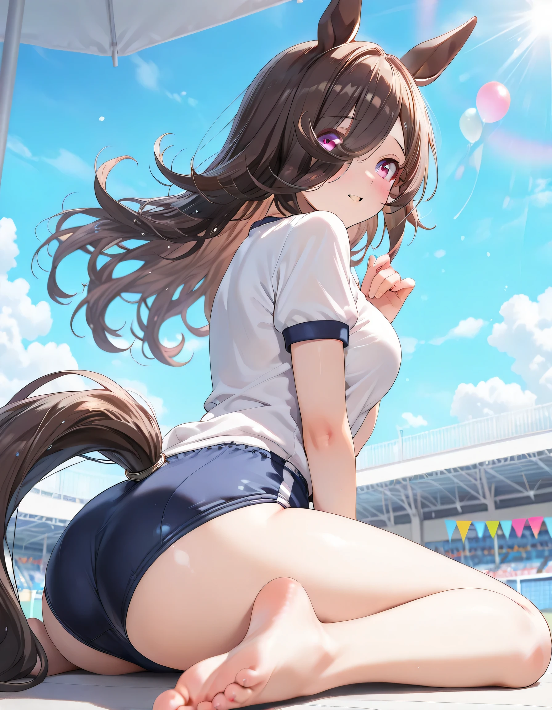 ((ultra-detailed)), (highly detailed CG illustration), (best quality:1.3), ultra-highly detailed, colorful composition, artistic photoshoot, 1girl, solo, moe anime character, Anime-style, harmonious color palette, dainty facial structure, round face, rounded chin:1.2, short stature, rice shower \(umamusume\) animal ears, horse tail, purple eyes, brown hair, hair over one eye, 1girl, horse ears, medium breasts, white gym uniform with Navy blue rim:1.3, navy blue school gym buruma, shy:1.2, blush:1.3, flowing hair in the wind, sitting, wariza:1.3, turn around:1.3, from behind:1.4, angled angle, butt focus:1.2, looking viewer, full body shot, sidelighting, beautiful blue sky background:1.4, depth of field, dynamic pose, contrapposto pose, best quality, masterpiece, cinematic lighting, 8K resolution, portrait, depth of field, caustics, ray tracing, perfect face, lustrous skin, highly detailed face, highly detailed eyes, perfect nose, perfect hair, beautiful hair, beautiful detailed eyes, beautiful small face, extremely detailed face, beautiful clavicle, beautiful body, beautiful ample breasts, breasts squeezed together, beautiful thin thighs, beautiful legs, beautiful fingers, 4 fingers, 1 thumb, lovely, pastel colors palette, kawaii aesthetic, intricate details, girly atmosphere, chromatic aberration