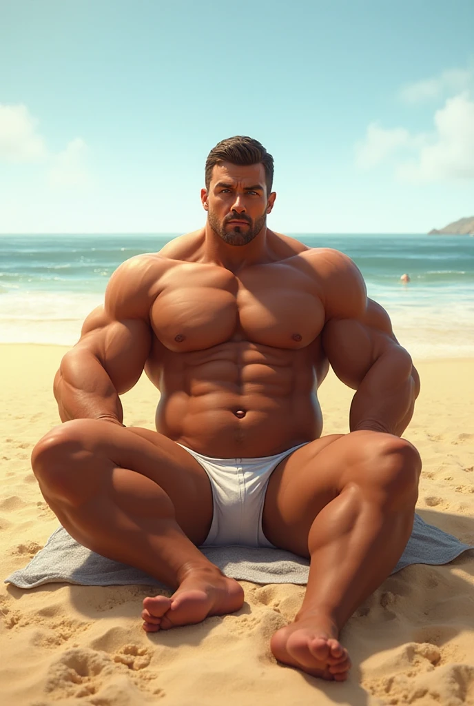 1 asian boy, handsome, giant, buzz black haircut, model shoot style, looking at camera, standing, posing arms, outdoor, in the ocean, strong body, bulk, , wear white swimwear underpants, bulge, big, brutalmass, giant, muscular body, bulk, massive body, large meaty body size, brown veiny skin, big arms, ballooning meaty pecs, big . Wet, water splash, ocean waves, UHD, Realistic, intricate detail