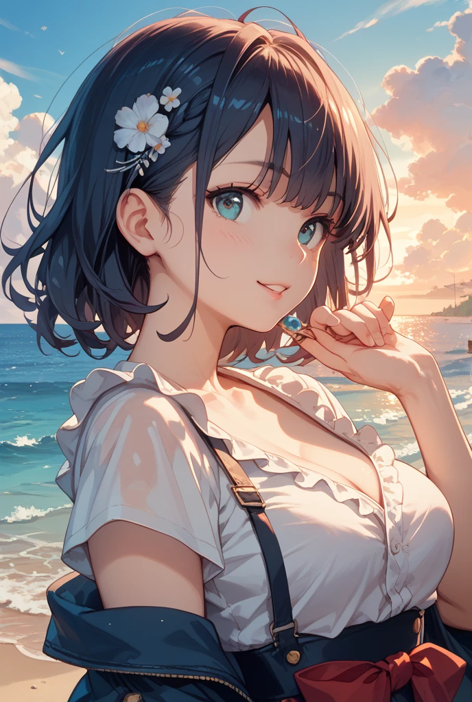 (((1人の女性)))、(Top resolution、Distinct_image) best qualtiy、(Embarrassed look)、((sideways Facing))、​masterpiece、ighly detailed、Semi-realistic、Brown hair、Braided hairstyle、deadpan、bangss、21 years old、Mature、年轻、White sleeveless、wide hat with white brim、((shores))、delicated  features、 features、mid-shot、