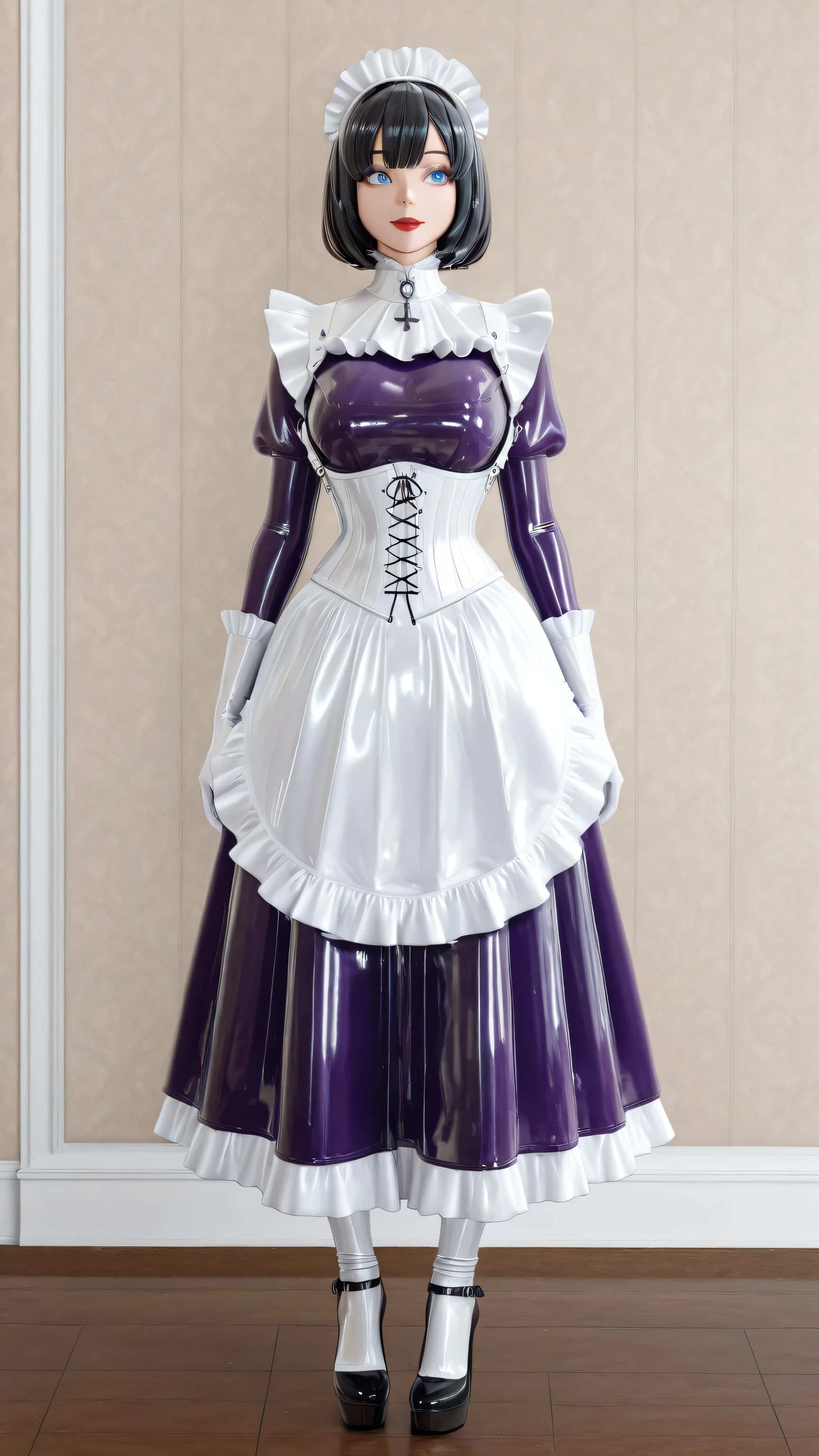maniajuns, black latex skin, black lenses, black hair,blue eyes,red lips, happy, girl in closed shiny black catsuit,white NeckCorset, HW_Corset, standing, purple latex maid, gothic, frilly, ruffles, purple latex long skirt, Wide Skirt, purple latex bishop sleeves, white latex gloves, white latex big apron,white latex socks, full body, 1 girl,  high heels, view straight ahead,front view..