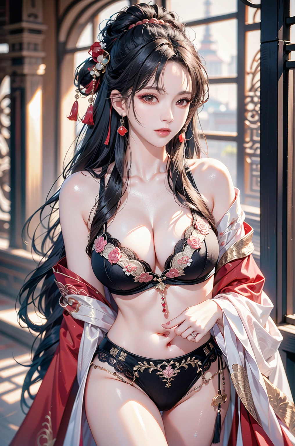 (masterpiece:1.2, highest quality), realistic, (real picture, intricate details, black high neck clothes), parted lips, very detailed, perfect face, perfect body, large model,Background in the forest、 nippleature woman、tall、long legs、Separate the upper and lower costumes、brightly colored drawings、Clothes with a wide open chest、revealing costumes、Clothes that expose the belly button、Only the upper body is dressed up、random hairstyle、big breasts、 lace costume、embellished costume、Clothes that expose the belly button、