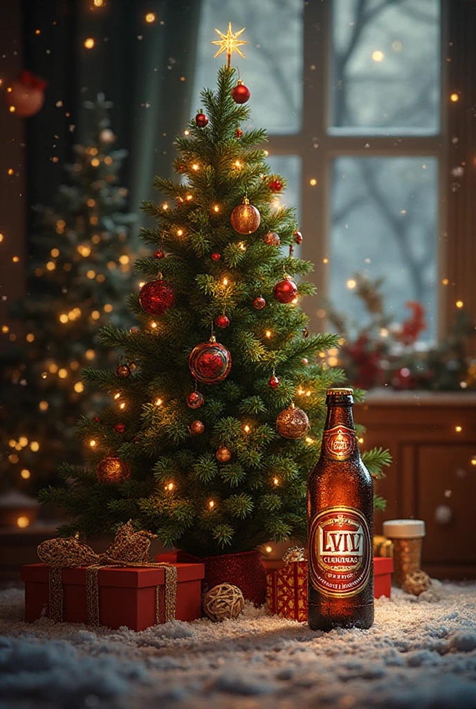 A beautiful Christmas card with red and green colours, with all many forms of  Christmas decorations in the background.