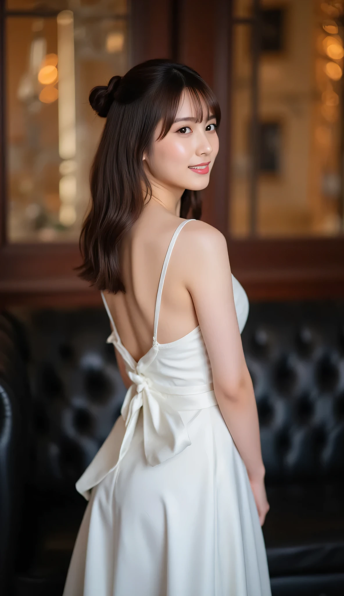 ultra detailed,8k,high resolution,beautiful detailed,high contrast,sharp focus, 50mm, f3,5, from behind,
best quality,super hyper realism,realistic,photorealism,(realistic skin:1.2), upscale night club, black Leather sofa in the background,
japanese solo girl, no makeup, (full body:1,2), straight-on cinematic portrait, shallow depth of field, ultra realistic, smile,
silk dress, sideless outfit, backless outfit, white dress, long dress,