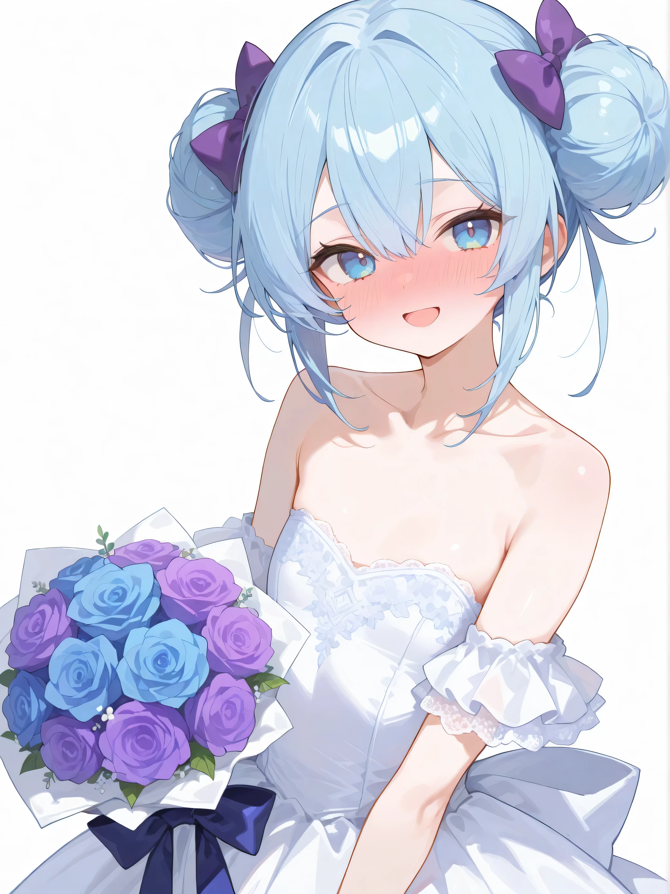 newest, absurdres, very aesthetic, best quality,masterpiece, break
solo, 1girl, young, simple background, white background, from front, standing, upper body, break
holding bouquet,
wedding dress, lace frills, short sleeves, off shoulders, collarbone, strapless, break
flat chest, blue eyes, double bun, purple bow, blue hair, twintails, hair between eyes, hair bow,
shy, blush, full-face blush, looking at viewer, half-open mouth, smile,