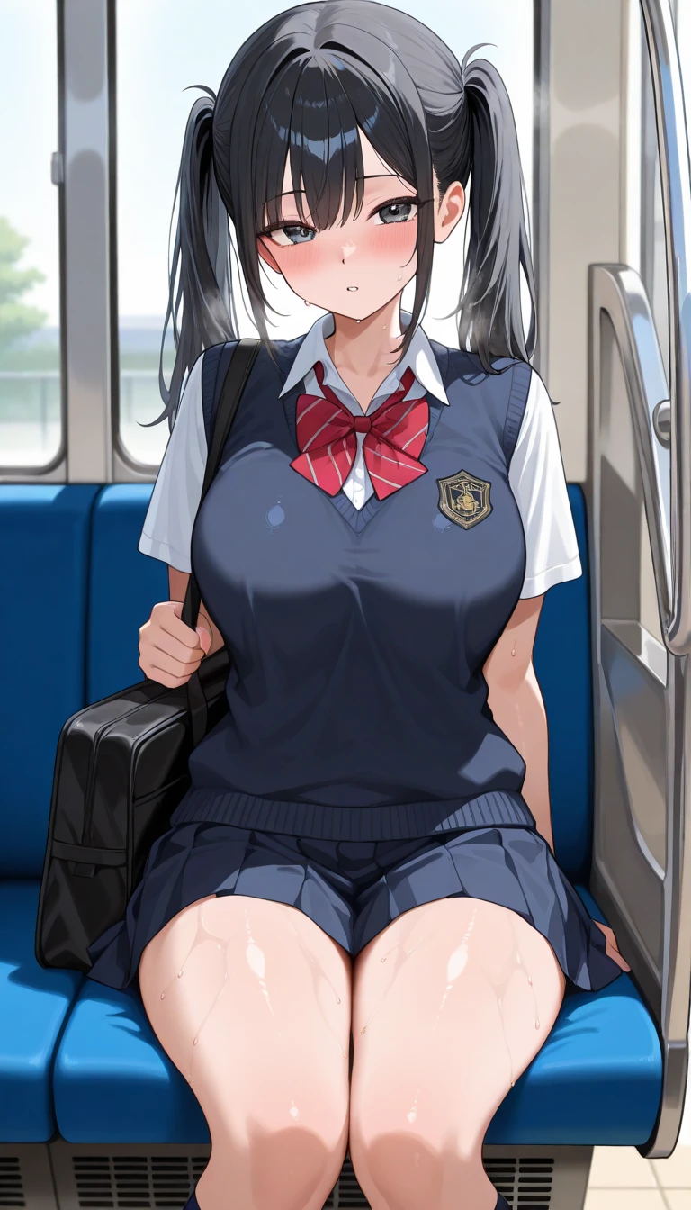 (highest quality), (masterpiece), 1080P, HD, 4K, 8K, Directly in front composition, woman sitting with legs closed, show your forehead, Black hairpin, White sweat, sweatyの顔, sweaty, sweaty, White body fluids, high school student, whole body, black hair, braided hair, Gray panties, Panties that are a little visible, sheer bra, ,, Absolute area, black socks, knee high, crowded train,