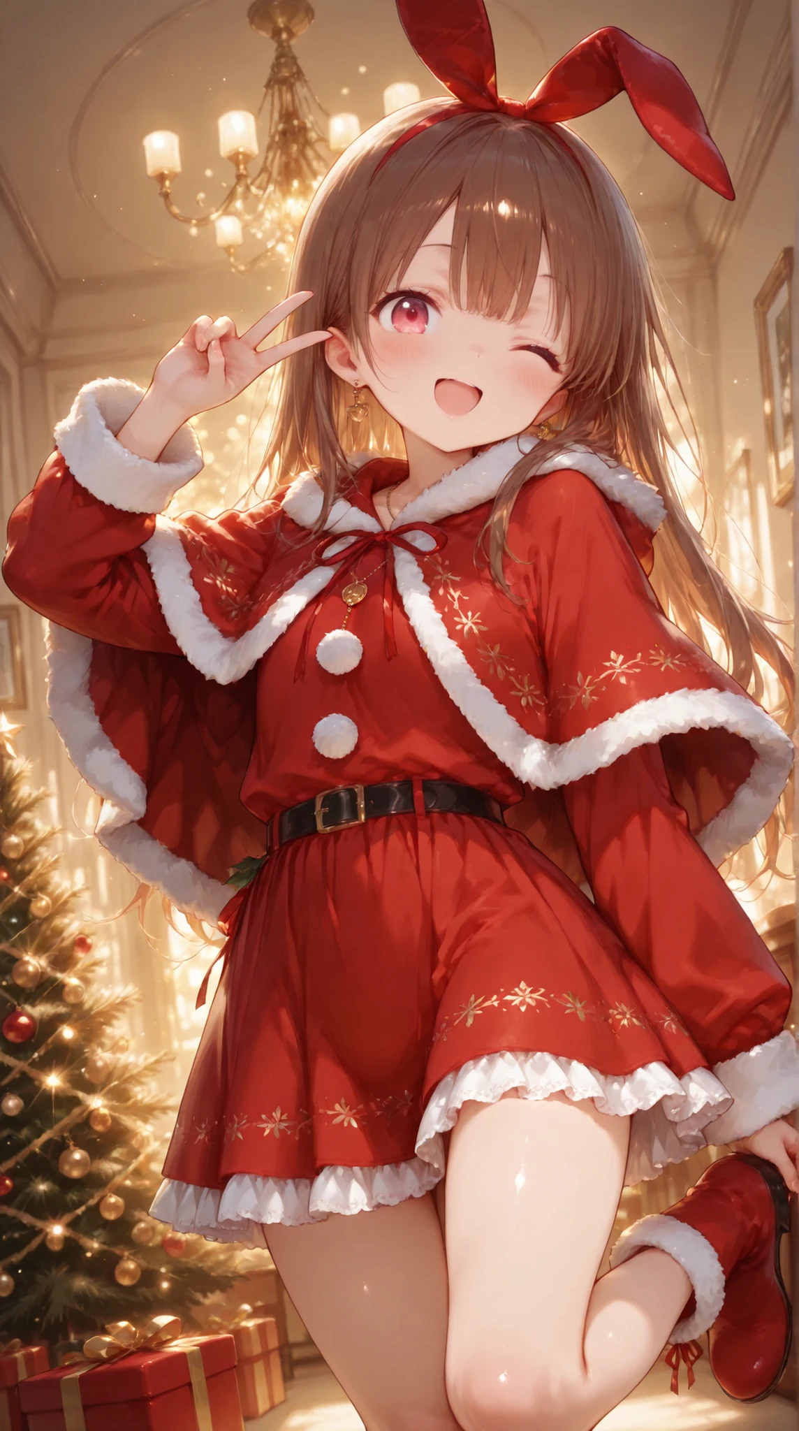 Shiny skin, Babe, character, meroko.
masterpiece, best quality, ultra detailed, high resolution, 8k, anime style, dynamic lighting, elaborate eye depiction, beautiful detailed eyes, a cute anime girl.
# body
very flat chest, skinny figure, slim waist, beautiful legs, long legs.
# hair
chestnut brown hair, wavy long hair, hair reaching shoulder blades, hair down, natural loose waves.
# eyes
pink eyes.
# expression
cheerful expression, joyful smile, open mouth smile, (playful wink:1.2), cheerful and energetic aura.
# accessories
red bunny ear headband.
right side adorned with a single white flower and a red ribbon decoration.
round pendant necklace.
long drop rabbit earrings.
# outfit
fur-trimmed Santa poncho cape.
fur-trimmed long-sleeve Santa top.
fur-trimmed Santa mini skirt.
fur-trimmed Santa boots.
# pose
standing on right leg.
right arm raised straight upward.
(left hand making a peace sign near the winking eye:1.3).
left leg bent and lifted up to waist height.
both legs slightly pigeon-toed.
# background
illuminated night Christmas tree, sparkling lights, warm festive atmosphere.
# composition
upper knee view.
# outline
fine line art, delicate line drawing, thin outlines, clean outlines, minimal noise.